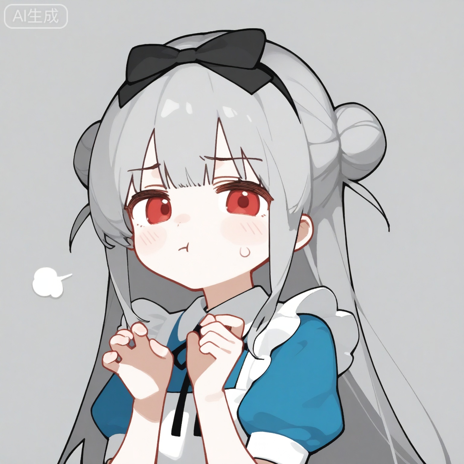 1girl, solo, long hair, looking at viewer, blush, bangs, red eyes, dress, bow, ribbon, closed mouth, upper body, short sleeves, hair bow, grey hair, heart, hairband, frills, puffy sleeves, apron, puffy short sleeves, black ribbon, black bow, blue dress, white apron, claw pose,ᗜ ‸ ᗜ,(pouting:1.3), (sad puppy eyes:1.2), disappointed expression, downturned mouth, innocent look