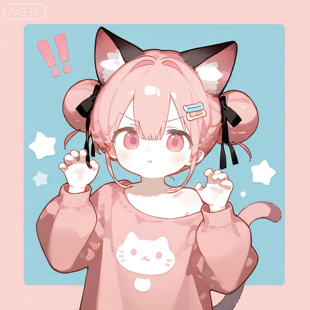 loli,solo,pink short hair, looking at viewer, blush, bangs, hair ornament, ribbon, animal ears, hair between eyes,pink eyes, twintails, brown eyes, hair ribbon, blurry 
standing, off shoulder, star \(symbol\), v-shaped eyebrows, cat tail, animal ear fluff, hands up, blue background, cat girl, !, :t, pout, claw pose, !!, oversized shirt,buzhidao313 style