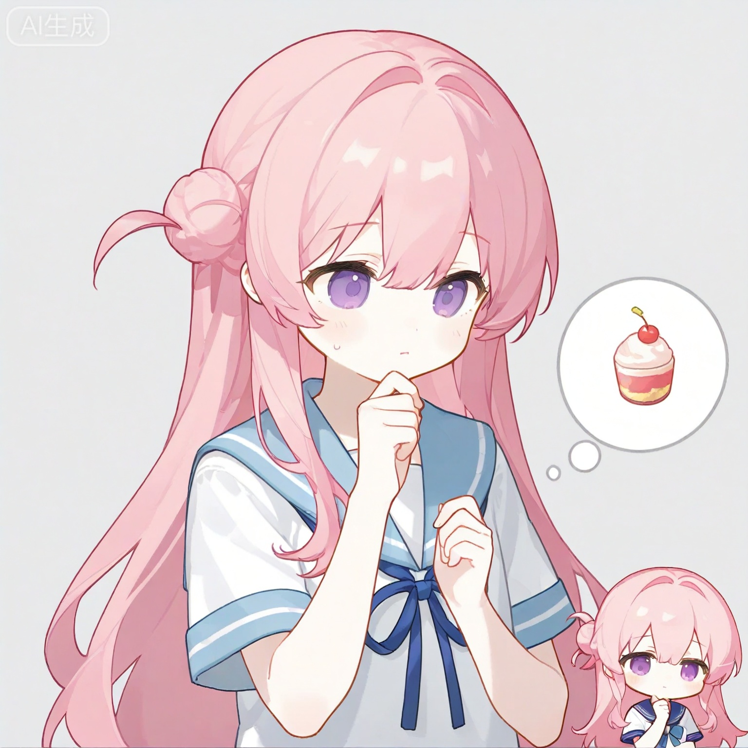 1girl, solo, long hair, bangs, simple background, shirt, white background, hair between eyes, school uniform, purple eyes, white shirt, upper body, pink hair, short sleeves, serafuku, sailor collar, chibi, blue sailor collar, hand on own chin, thinking