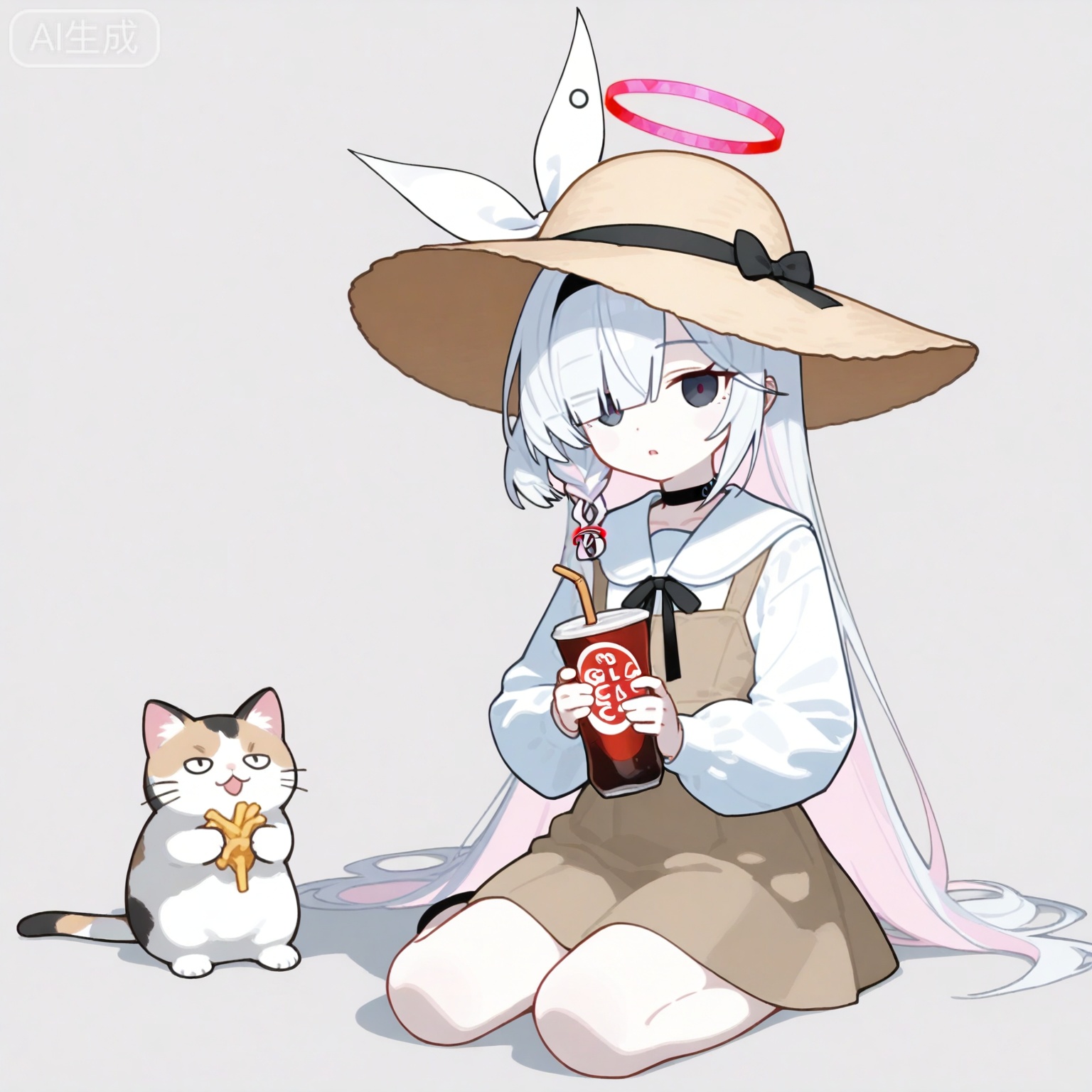 masterpiece,very aware,highres,absurdres,newest,best quality,petite,high quality,chromatic_aberration,child,petite,
1gril, solo, looking at viewer, simple background, Cat-ear-shaped straw hat, white background, food, animal, brown headwear,full body or medium shot,
holding french fries in left hand, holding cola cup in right hand,plana (blue archive),
blank stare, confused expression, 
deadpan expression, vacant eyes, mouth slightly open, casual clothing,
soft lighting, focused on facial expression and items in hands
