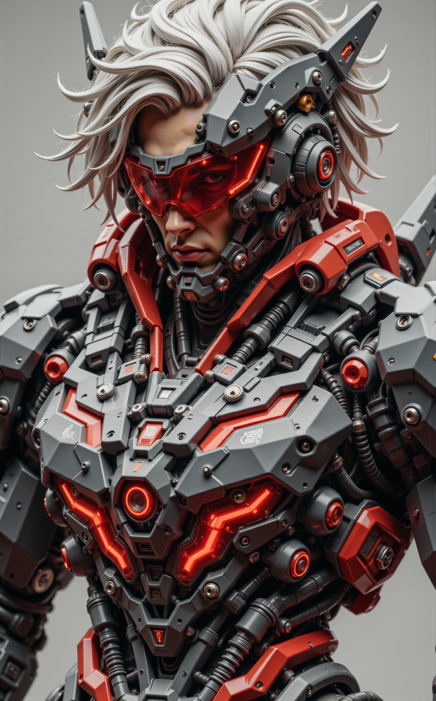 a half body potrait image of a young man,  androgynous character with windswept white hair,  integrated into a massive on...