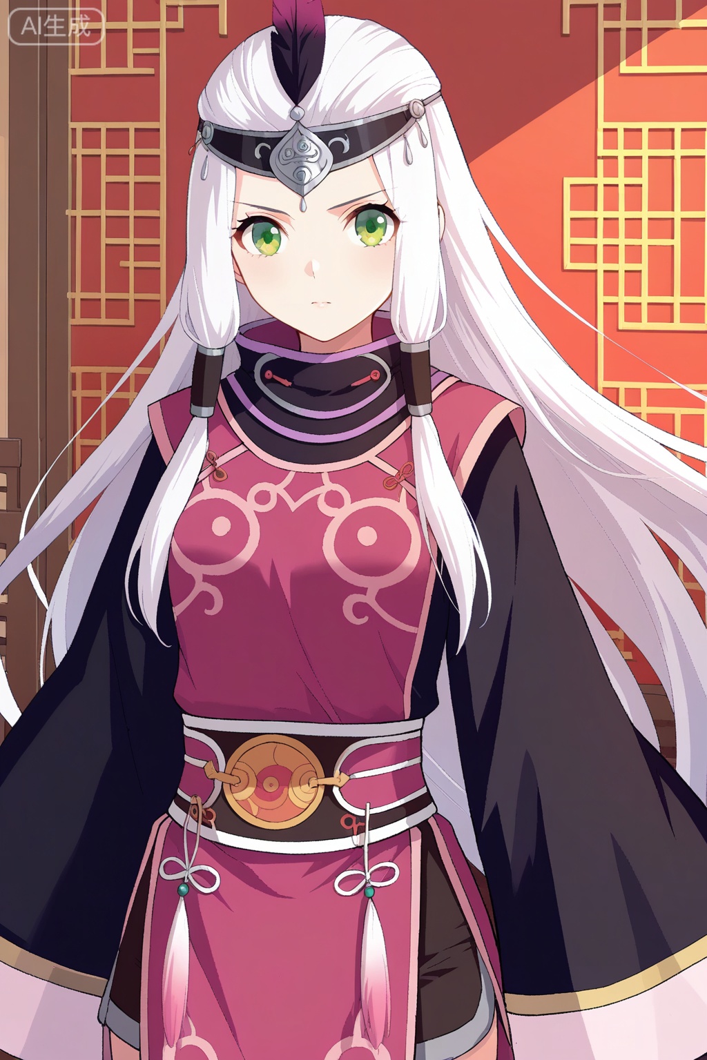 
Random scene,Random scene,
upper body,looking at viewer,
小医仙,masterpiece,best quality,official art,extremely detailed CG unity 8k wallpaper,1girl, solo, green eyes, hair tubes, sidelocks, very long hairchinese clothes, robe, long sleeves, wide sleeves, circlet,forehead protector, feathers, sleeves past fingers, black shorts, white hair,