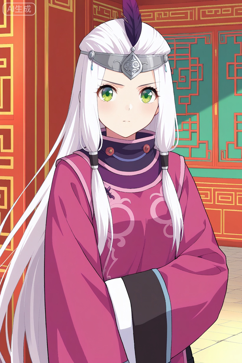 
Random scene,Random scene,
upper body,looking at viewer,
小医仙,masterpiece,best quality,official art,extremely detailed CG unity 8k wallpaper,1girl, solo, green eyes, hair tubes, sidelocks, very long hairchinese clothes, robe, long sleeves, wide sleeves, circlet,forehead protector, feathers, sleeves past fingers, black shorts, white hair,