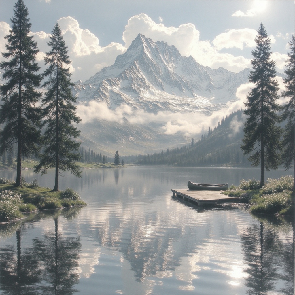 A mountain lake perfectly reflecting snow-capped peaks and clouds,  surrounded by pine trees and wildflowers,  with mornin...