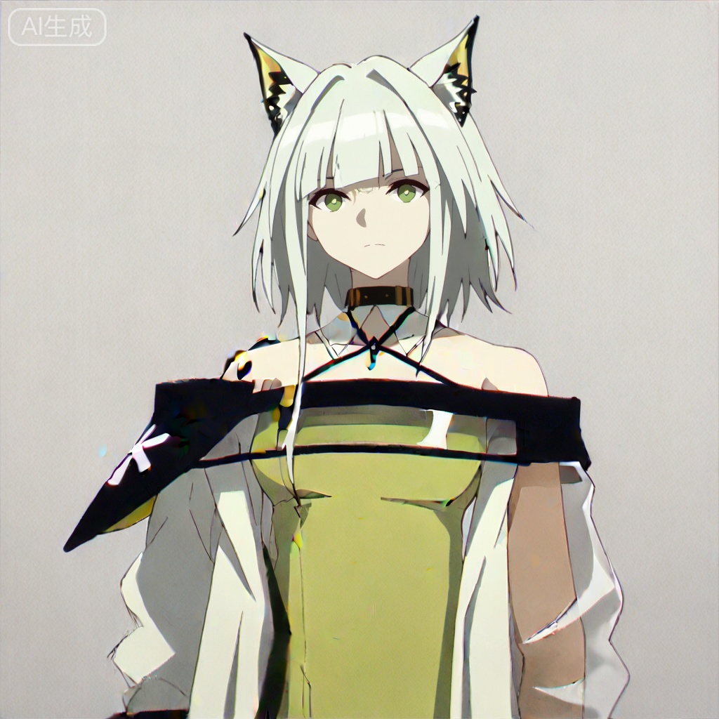 masterpiece, best quality,solo,white background,simple_background,kal'tsit (arknights),ANIME_STYLE,animal ear fluff,Animal ears,short hair,blunt bangs,sidelocks,bangs,green eyes,green hair,cat ears,oripathy lesion \(arknights\),boots,long sleeves,jewelry,off shoulder,bare shoulders,coat,see-through,halterneck,brown footwear,green dress,watch,off-shoulder dress,wristwatch