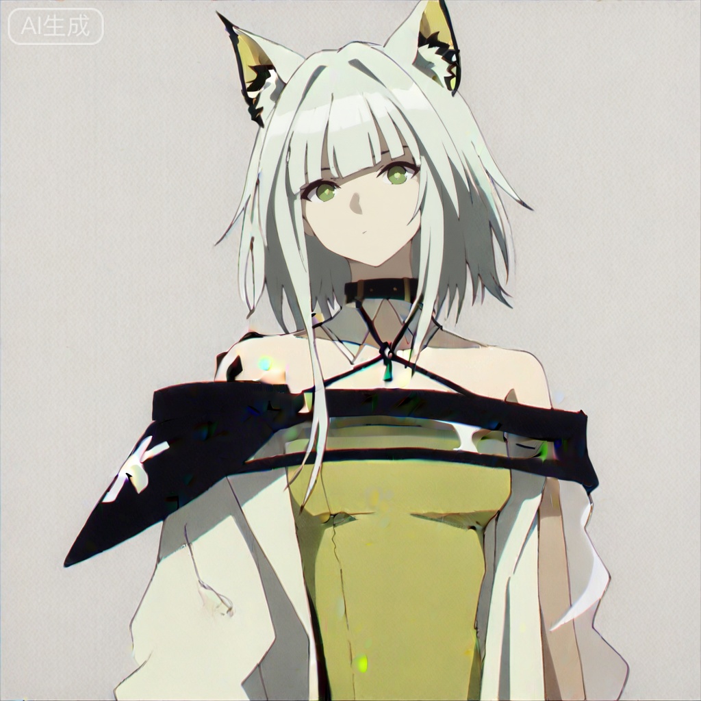 masterpiece, best quality,solo,white background,simple_background,kal'tsit (arknights),ANIME_STYLE,animal ear fluff,Animal ears,short hair,blunt bangs,sidelocks,bangs,green eyes,green hair,cat ears,oripathy lesion \(arknights\),boots,long sleeves,jewelry,off shoulder,bare shoulders,coat,see-through,halterneck,brown footwear,green dress,watch,off-shoulder dress,wristwatch