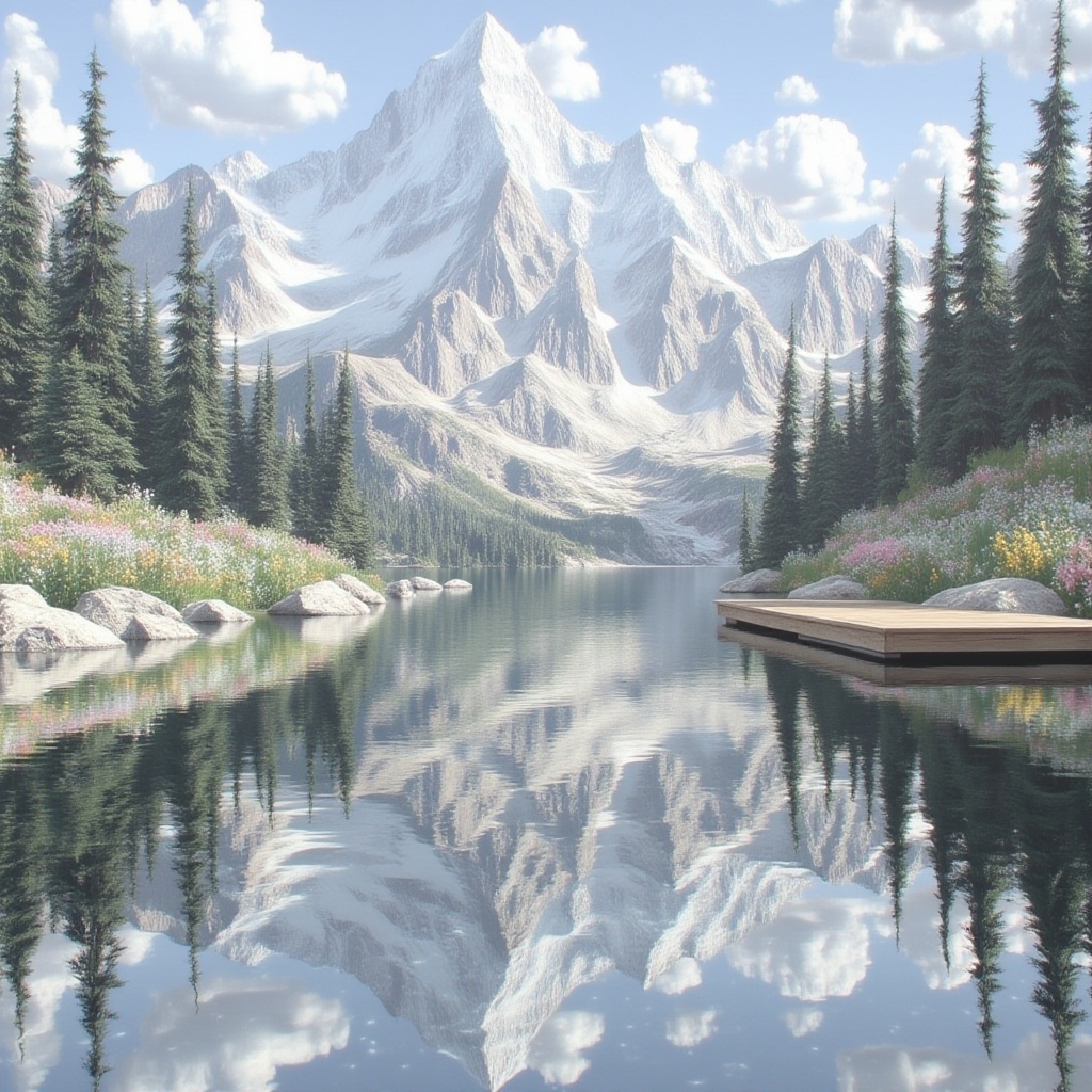 A mountain lake perfectly reflecting snow-capped peaks and clouds,  surrounded by pine trees and wildflowers,  with mornin...