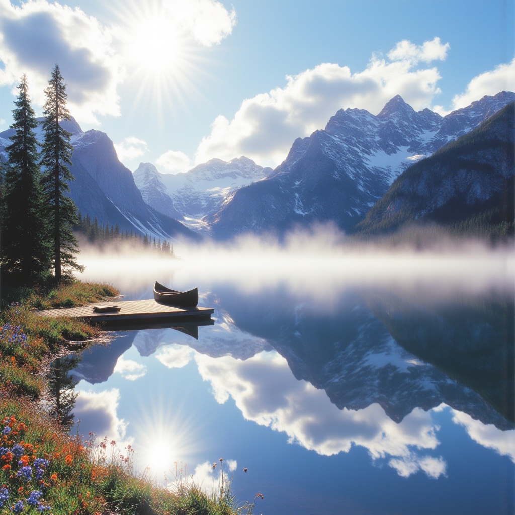 A mountain lake perfectly reflecting snow-capped peaks and clouds,  surrounded by pine trees and wildflowers,  with mornin...