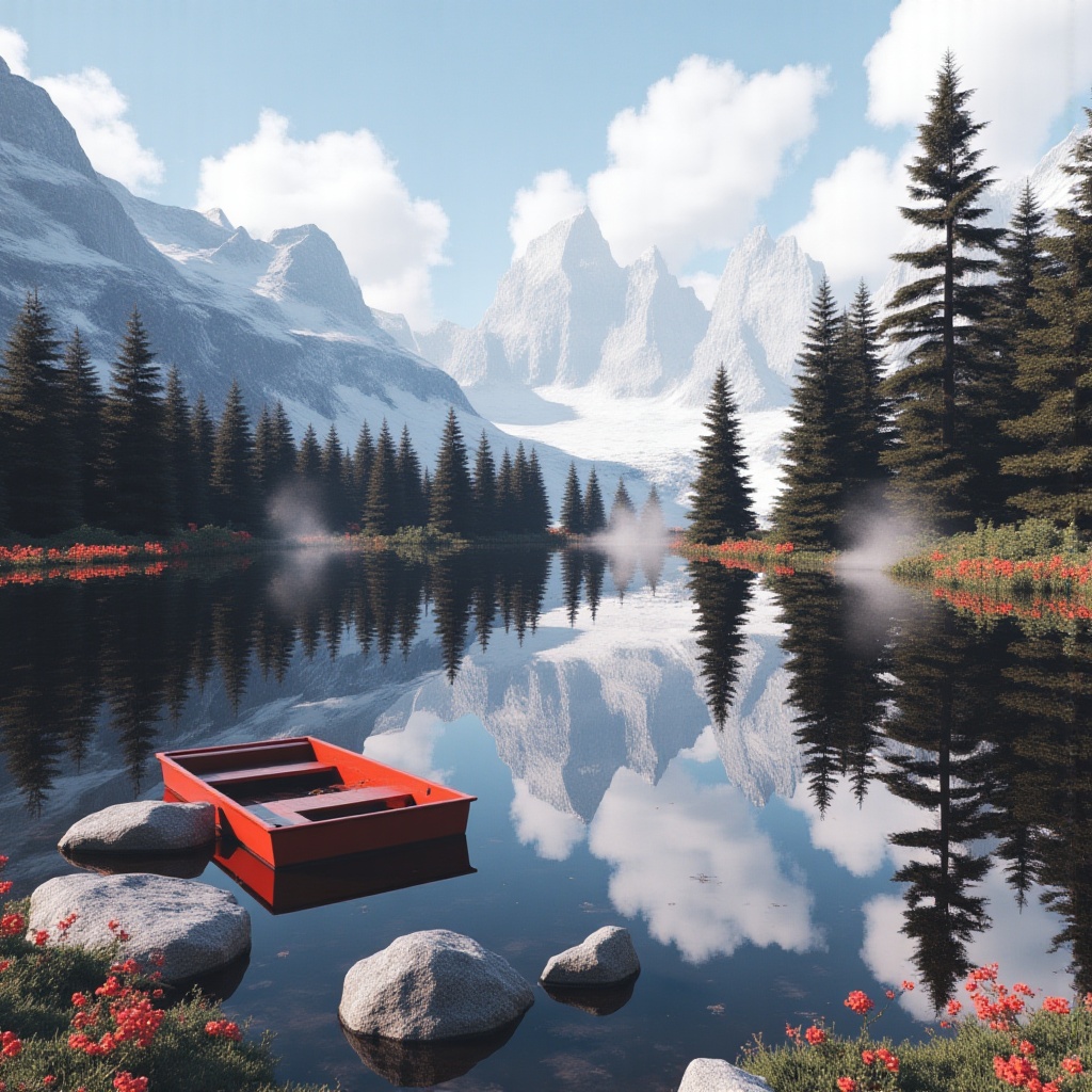 A mountain lake perfectly reflecting snow-capped peaks and clouds,  surrounded by pine trees and wildflowers,  with mornin...