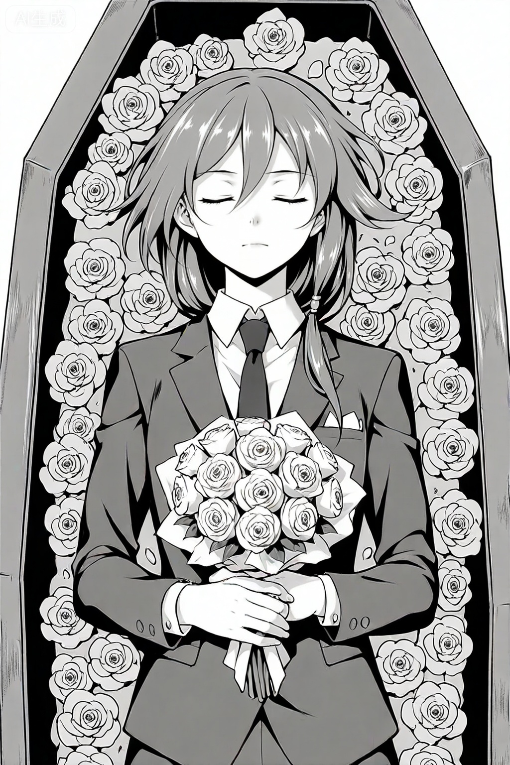 masterpiece, best quality,solo,((white background:1.2)),simple background,, 
looking at viewer,,1girl, fu hua, bed of roses, bouquet , closed eyes , closed mouth, collared shirt, flipped hair , flower, formal clothes, funeral, hair between eyes, holding, holding bouquet, implied death, jacket, long sleeves, female focus, necktie, shirt, upper body, coffin, lying in the coffin,monochrome,greyscale,manga_style