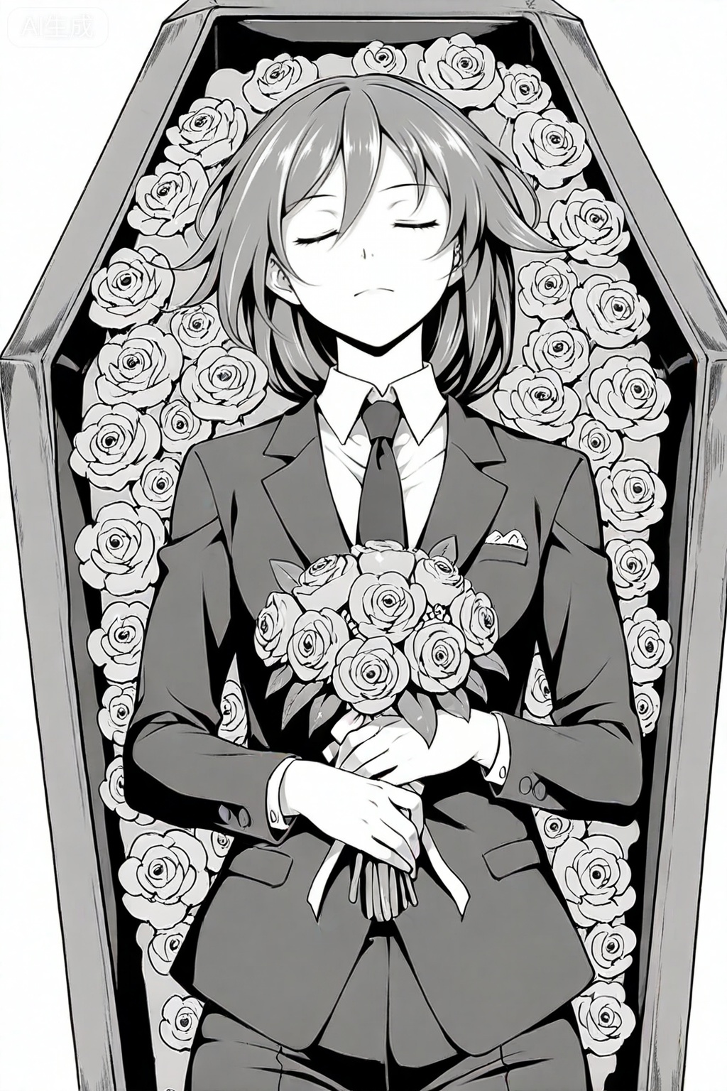 masterpiece, best quality,solo,((white background:1.2)),simple background,, 
looking at viewer,,1girl, fu hua, bed of roses, bouquet , closed eyes , closed mouth, collared shirt, flipped hair , flower, formal clothes, funeral, hair between eyes, holding, holding bouquet, implied death, jacket, long sleeves, female focus, necktie, shirt, upper body, coffin, lying in the coffin,monochrome,greyscale,manga_style