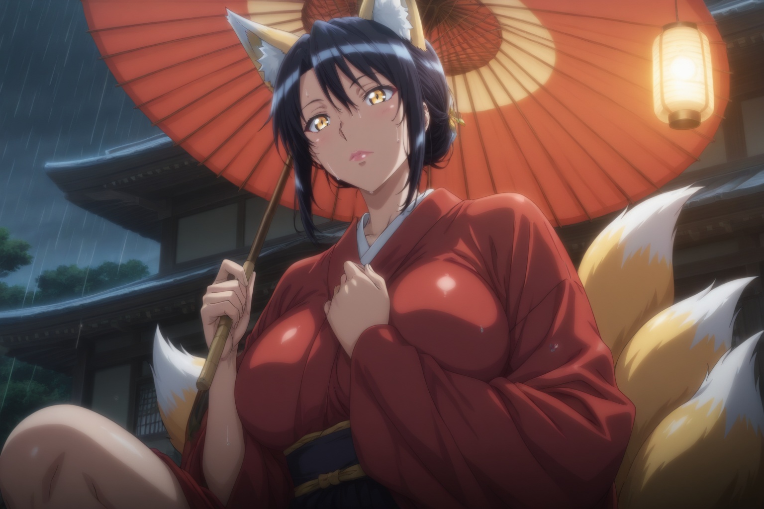 .................. (1 girl,  solo),  of a kitsune spirit girl with nine semi-transparent glowing fox tails on Tensor.Art