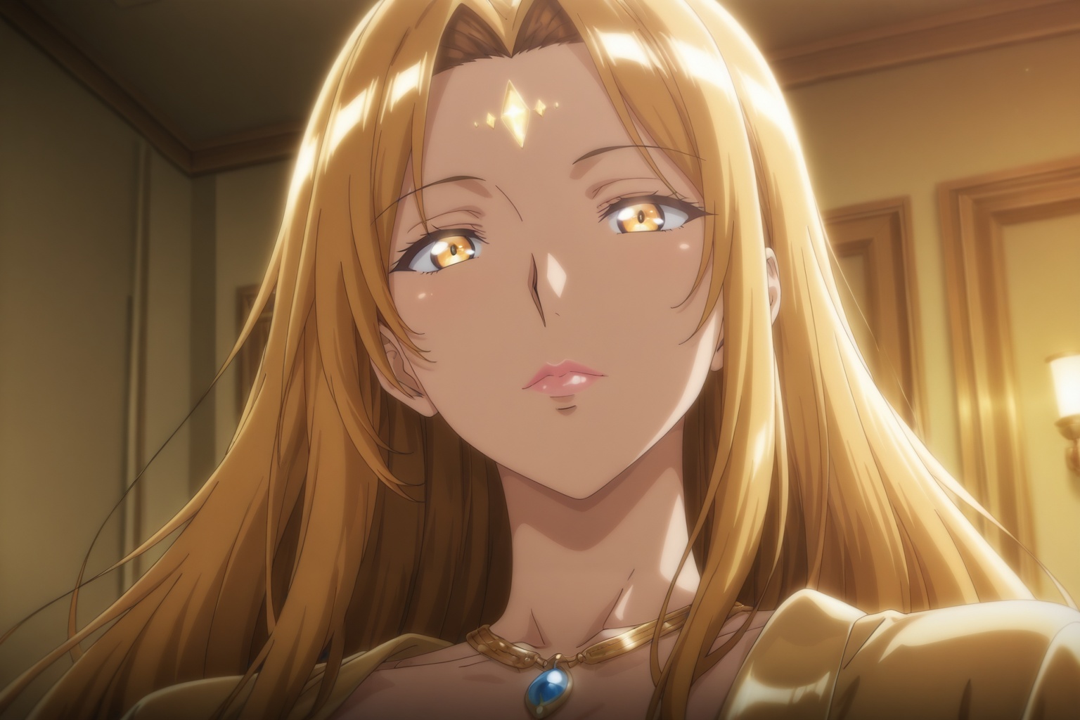 .................. (1 girl,  solo),  Close-up of a beautiful anime goddess with glowing golden eyes and long flowing hair...