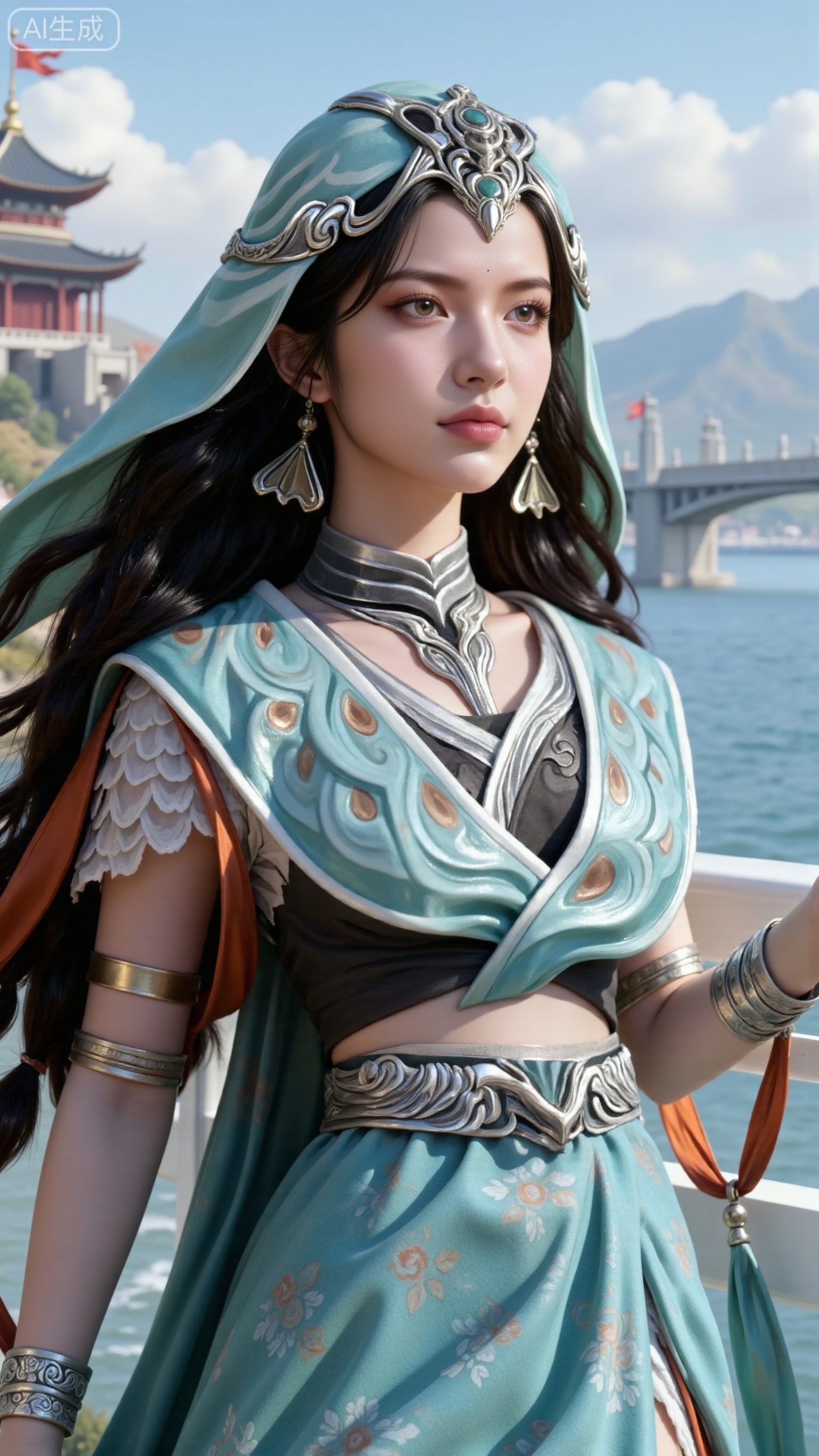 (masterpiece, best quality:1.2),1 girl, solo, long hair, black hair, hair accessories, clothing, cleavage cuts, long dress, jewelry, upper body, earrings. Background is outdoor, sky, clouds, water, trees, architecture, landscape, lantern, mountain, dragon, architecture, bridge, east Asian architecture, fog, pagoda,,(huge breasts:2.99),(full breasts:2.99),,, 
,Xbigbreasts,XmupeilingXYH2,XmuplXYH,XmupeilingXYH,XmuplXYH,Xchangtui,Xxiao2chu,Xhuoyuner2,Xyaoxx,XnangwXM,XyueshangshiGNB,Xxiwangmu