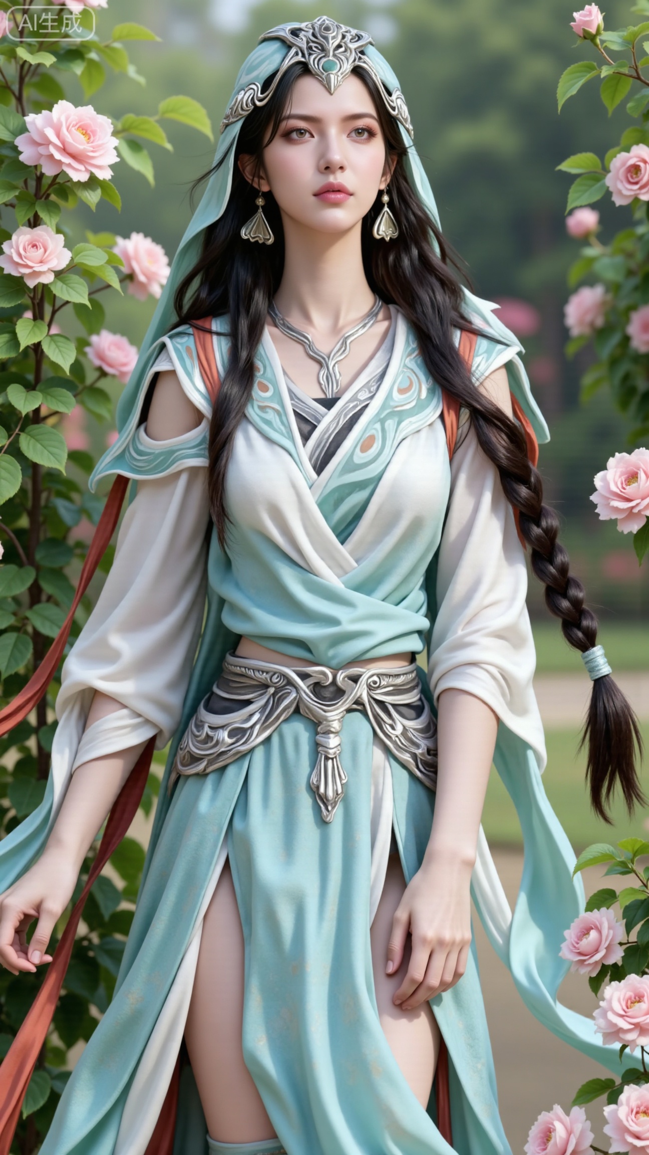 (masterpiece:1.2),best quality,,A woman adorned in traditional Chinese attire,( long dress,black long hair),featuring a flowing robe with intricate embroidery and floral accents. A garden filled with pink roses and lush greenery. Soft pastel hues of white,blue,and green,creating a serene atmosphere. Photorealistic photography.,(huge breasts:2.99),(full breasts:2.99),, , 
,Xbigbreasts,XmupeilingXYH2,XmuplXYH,XmupeilingXYH,XmuplXYH,Xchangtui,Xxiao2chu,Xhuoyuner2,Xyaoxx,XnangwXM,XyueshangshiGNB