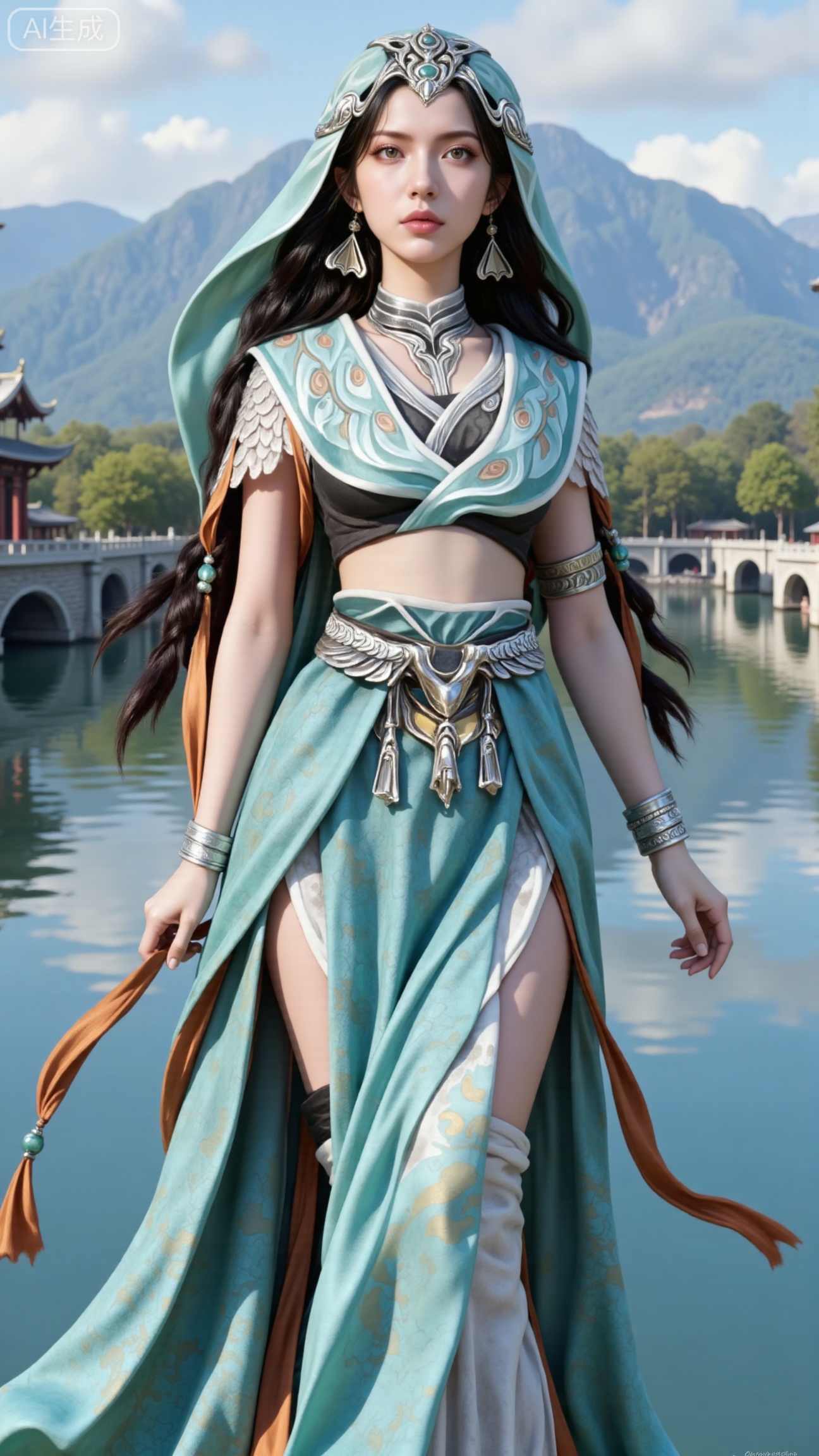 (masterpiece, best quality:1.2),1 girl, solo, long hair, black hair, hair accessories, clothing, cleavage cuts, long dress, jewelry, upper body, earrings. Background is outdoor, sky, clouds, water, trees, architecture, landscape, lantern, mountain, dragon, architecture, bridge, east Asian architecture, fog, pagoda,,(huge breasts:2.99),(full breasts:2.99),,, 
,Xbigbreasts,XmupeilingXYH2,XmuplXYH,XmupeilingXYH,XmuplXYH,Xchangtui,Xxiao2chu,Xhuoyuner2,Xyaoxx,XnangwXM,XyueshangshiGNB,Xxiwangmu