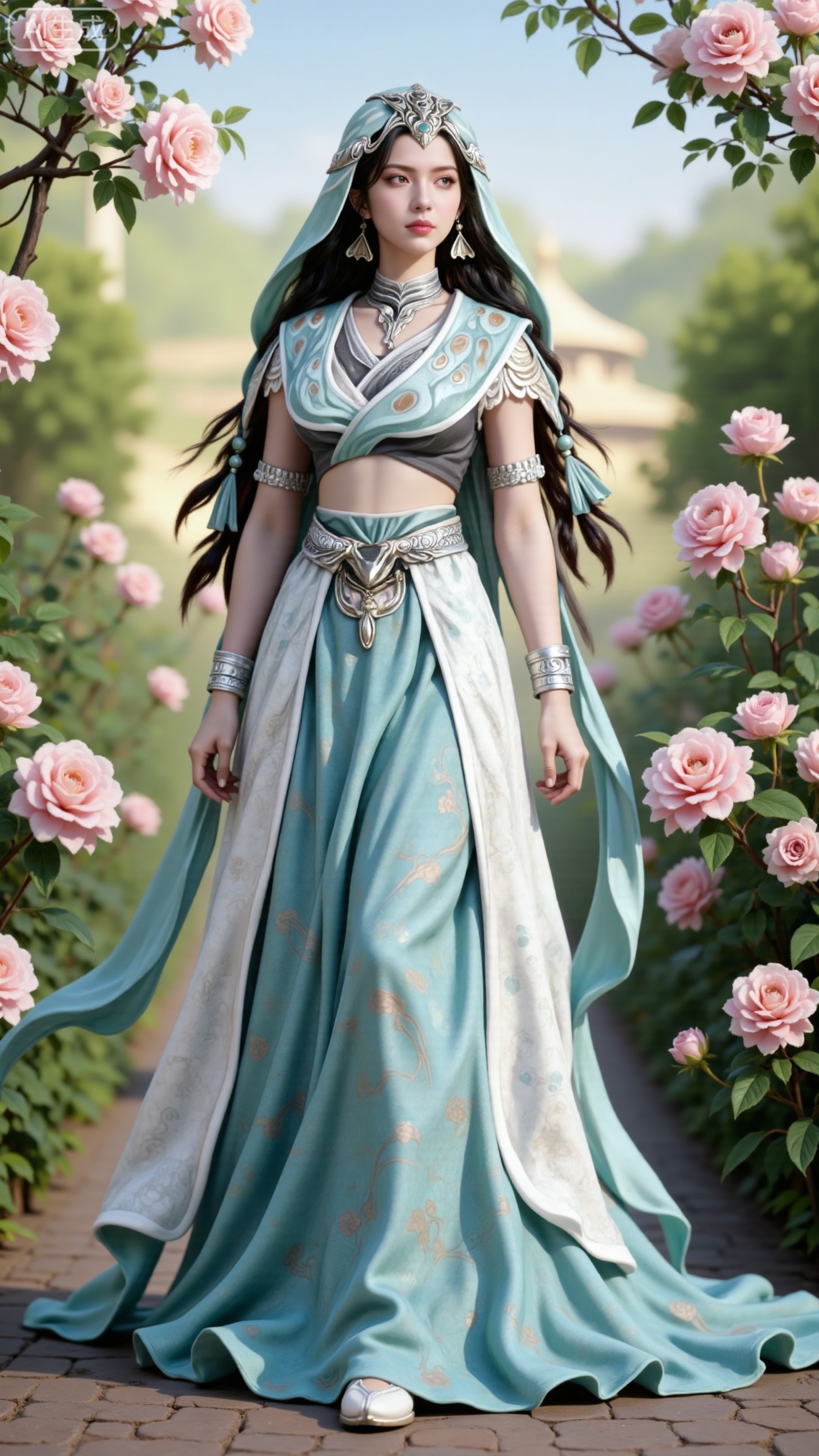 (masterpiece:1.2),best quality,,A woman adorned in traditional Chinese attire,( long dress,black long hair),featuring a flowing robe with intricate embroidery and floral accents. A garden filled with pink roses and lush greenery. Soft pastel hues of white,blue,and green,creating a serene atmosphere. Photorealistic photography.,(huge breasts:2.99),(full breasts:2.99),, , 
,Xbigbreasts,XmupeilingXYH2,XmuplXYH,XmupeilingXYH,XmuplXYH,Xchangtui,Xxiao2chu,Xhuoyuner2,Xyaoxx,XnangwXM,XyueshangshiGNB