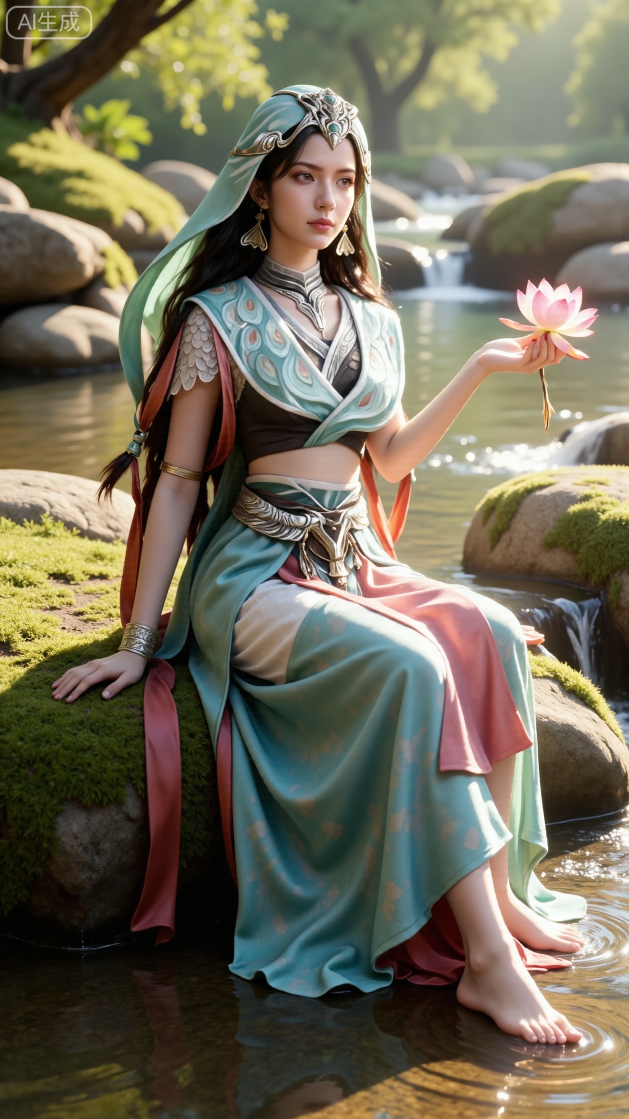 (masterpiece:1.3), ultra-detailed, 8k, photorealistic, best quality, cinematic lighting, volumetric sunlight, soft shadows, subsurface scattering, depth of field, A stunning young woman sits gracefully barefoot on a moss-covered rock beside a crystal-clear stream in a tranquil forest. The sunlight filters through the trees, casting dappled golden light on her smooth skin and the rippling water. She wears an exquisite long dress with fine pink and gold embroidery across the chest and short sleeves. Her long, dark hair flows naturally over her shoulders, softly illuminated by the warm light. Her bare feet touch the cool moss and shallow water, adding a sense of intimacy and realism. One hand rests gently on her hip, while the other holds a blooming lotus flower, her expression calm and serene. Mist rises gently from the water, with reflections dancing on the surface, creating a peaceful, ethereal atmosphere. (background with mossy stones, flowing stream, forest sunlight, soft haze, and gentle reflections:1.6), (realistic skin texture:1.3), (natural color tones:1.3), (film look:1.2) (huge breasts:2.99),(full breasts:2.99),  , 
,Xbigbreasts,XmupeilingXYH2,XmuplXYH,XmupeilingXYH,XmuplXYH,Xchangtui,Xxiao2chu,Xhuoyuner2,Xyaoxx,XnangwXM,XyueshangshiGNB,Xxiwangmu