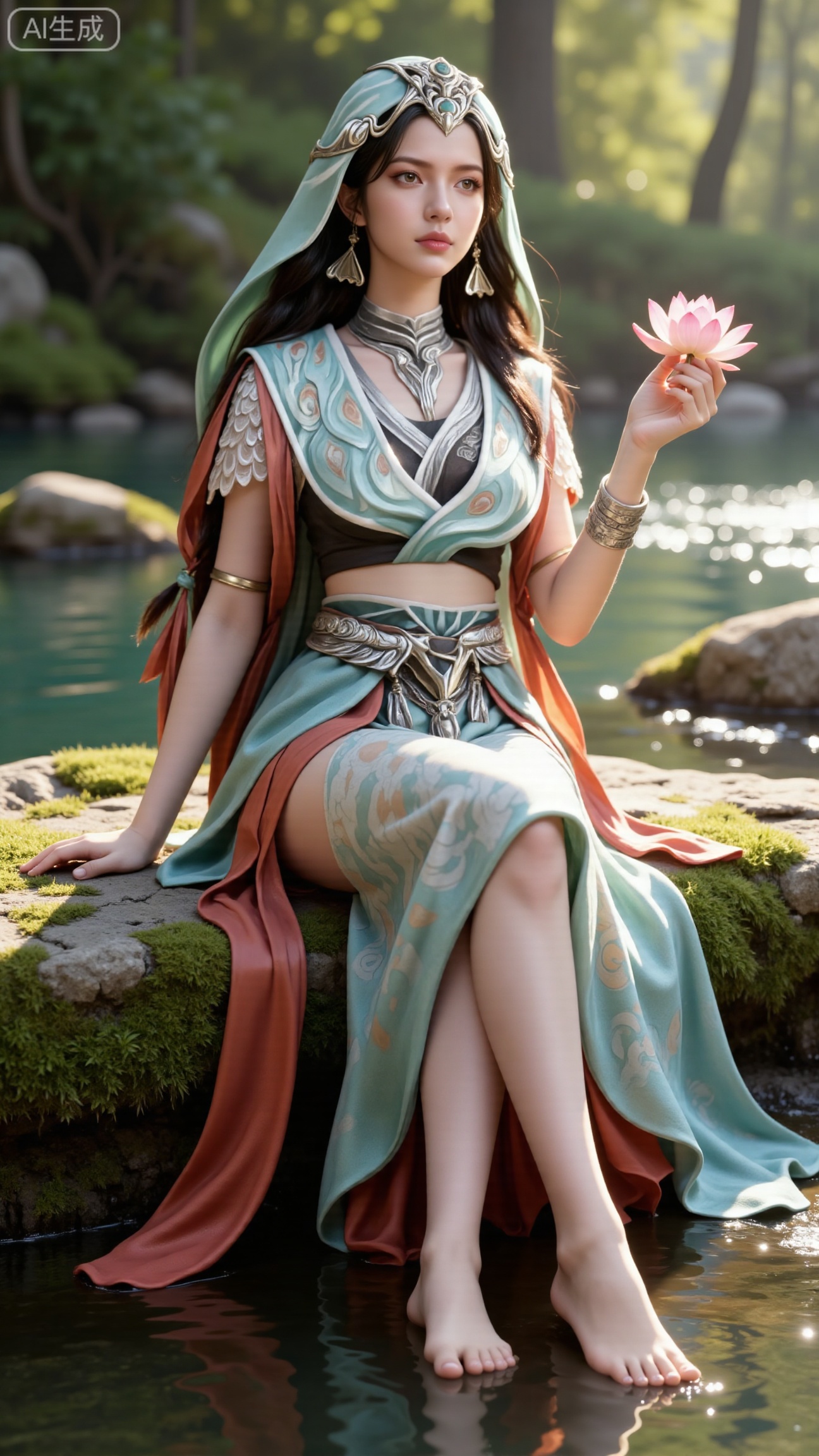 (masterpiece:1.3), ultra-detailed, 8k, photorealistic, best quality, cinematic lighting, volumetric sunlight, soft shadows, subsurface scattering, depth of field, A stunning young woman sits gracefully barefoot on a moss-covered rock beside a crystal-clear stream in a tranquil forest. The sunlight filters through the trees, casting dappled golden light on her smooth skin and the rippling water. She wears an exquisite long dress with fine pink and gold embroidery across the chest and short sleeves. Her long, dark hair flows naturally over her shoulders, softly illuminated by the warm light. Her bare feet touch the cool moss and shallow water, adding a sense of intimacy and realism. One hand rests gently on her hip, while the other holds a blooming lotus flower, her expression calm and serene. Mist rises gently from the water, with reflections dancing on the surface, creating a peaceful, ethereal atmosphere. (background with mossy stones, flowing stream, forest sunlight, soft haze, and gentle reflections:1.6), (realistic skin texture:1.3), (natural color tones:1.3), (film look:1.2) (huge breasts:2.99),(full breasts:2.99),  , 
,Xbigbreasts,XmupeilingXYH2,XmuplXYH,XmupeilingXYH,XmuplXYH,Xchangtui,Xxiao2chu,Xhuoyuner2,Xyaoxx,XnangwXM,XyueshangshiGNB,Xxiwangmu