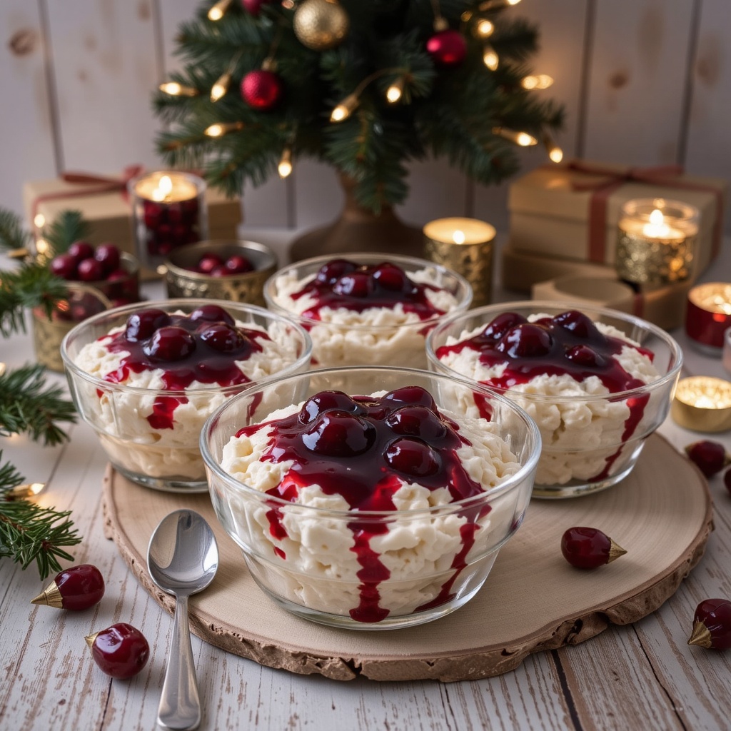 A photorealistic,  cinematic-style,  horizontal photograph of the traditional Danish Christmas dessert Risalamande de Jul...