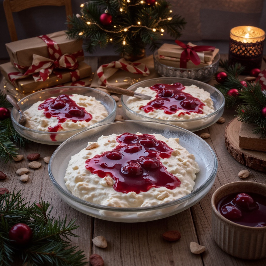A photorealistic,  cinematic-style,  horizontal photograph of the traditional Danish Christmas dessert Risalamande de Jul...