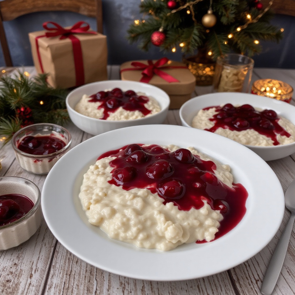 A photorealistic,  cinematic-style,  horizontal photograph of the traditional Danish Christmas dessert Risalamande de Jul...