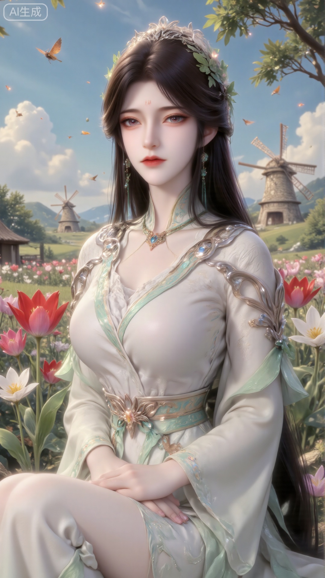 In the spring afternoon, the sunshine flows like melted honey on the ocean of tulips, and the girl with headdress curls up in colorful flowers. Her long black hair hung over her shoulders like silk, and strands of broken hair hung playfully on both sides of her cheeks. The ends of her hair curled slightly and swayed gently in the breeze. Those bright eyes are as crystal clear as peach jelly, full of tenderness and curiosity, and the flowing eyes have a slight luster, as if hiding the romance of the whole spring.

The surface of the dress is decorated with delicate lace, and the crown is decorated with small flowers made of pearls, which complement the flower sea below. Her snow-white fingertips caressed tulips, which looked as red as fire, as bright as gold and as pink as purple as the clouds around her. Dewdrops on the petals wet her fingertips, and the coolness penetrated into her skin.

Overhead, the blue sky is crystal clear, fluffy white clouds are floating like fluffy cotton candy, and sometimes they are pulled into various lovely shapes by the wind. On the grass in the distance, several wooden windmills are turning slowly, and the dark brown leaves cast mottled light and shadow in the sun. The chirping of bees among the flowers constitutes a brisk pastoral song. The breeze blew, and the sea of tulips opened layer by layer, wrapping the flowers on the girl's nose and blowing her hair. The whole picture looks like a dream from a fairy tale book.