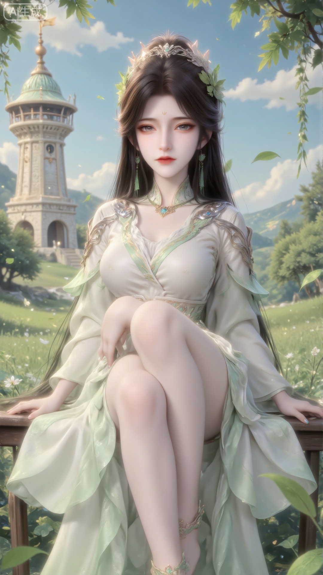 The image depicts a digitally rendered character sitting on a huge light green flower, surrounded by high altitudes full of small flowers. The character has long black hair and wears a delicate and gorgeous skirt, which complements the flower theme. The background is a high sky with a bell tower looming in the air. The characters have a serene expression. They sat cross-legged on the flowers barefoot. The whole scene is full of vitality and whimsy, focusing on the complex details of the characters' costumes and the surrounding flora. The huge flowers dragged the girl into the sky.