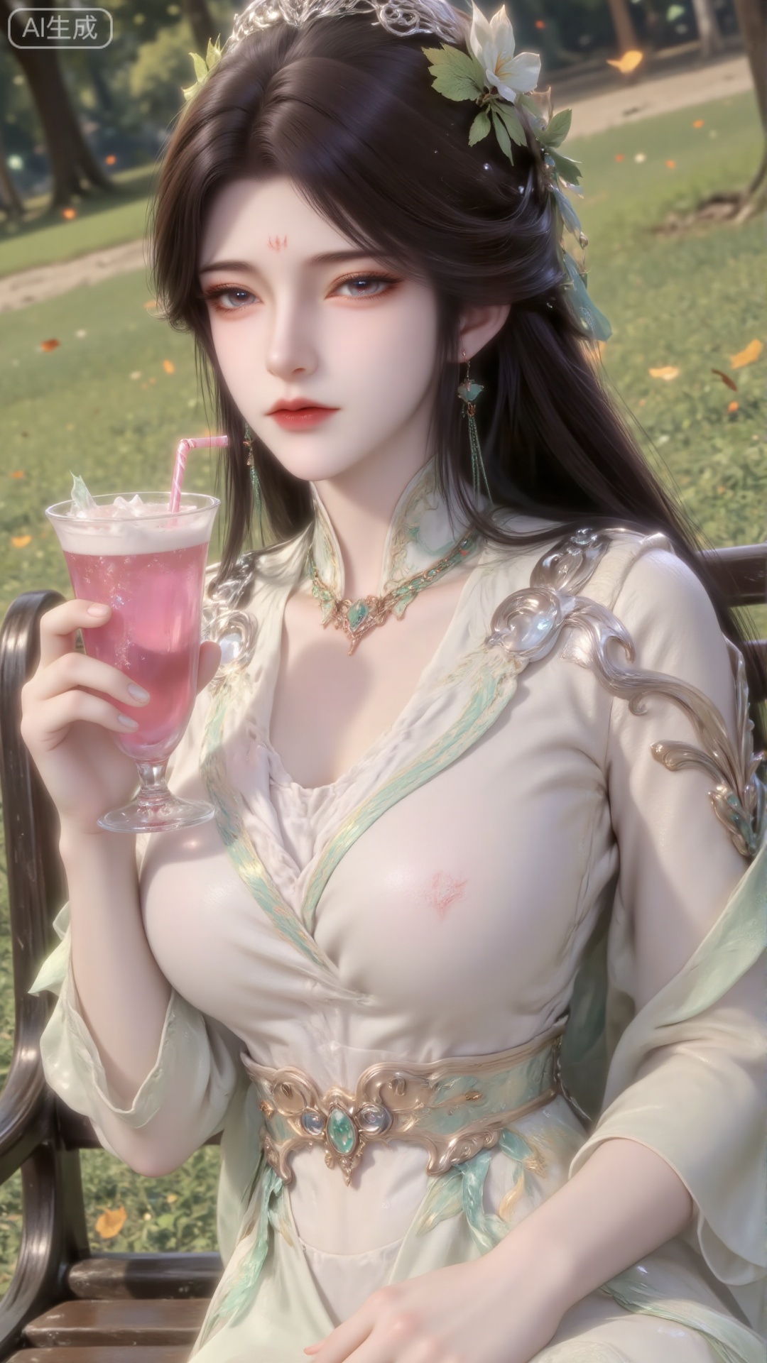 A stylish young woman sits comfortably on a sunny park bench, her one hand cradling a tall pearl milk tea cup. Her pose is relaxed, with the transparent lid revealing creamy foam swirling in the vibrant pink syrup. A straw peeks out from the side of the cup, while her leg elegantly wraps around her small ankle, clad in translucent ivory tights.