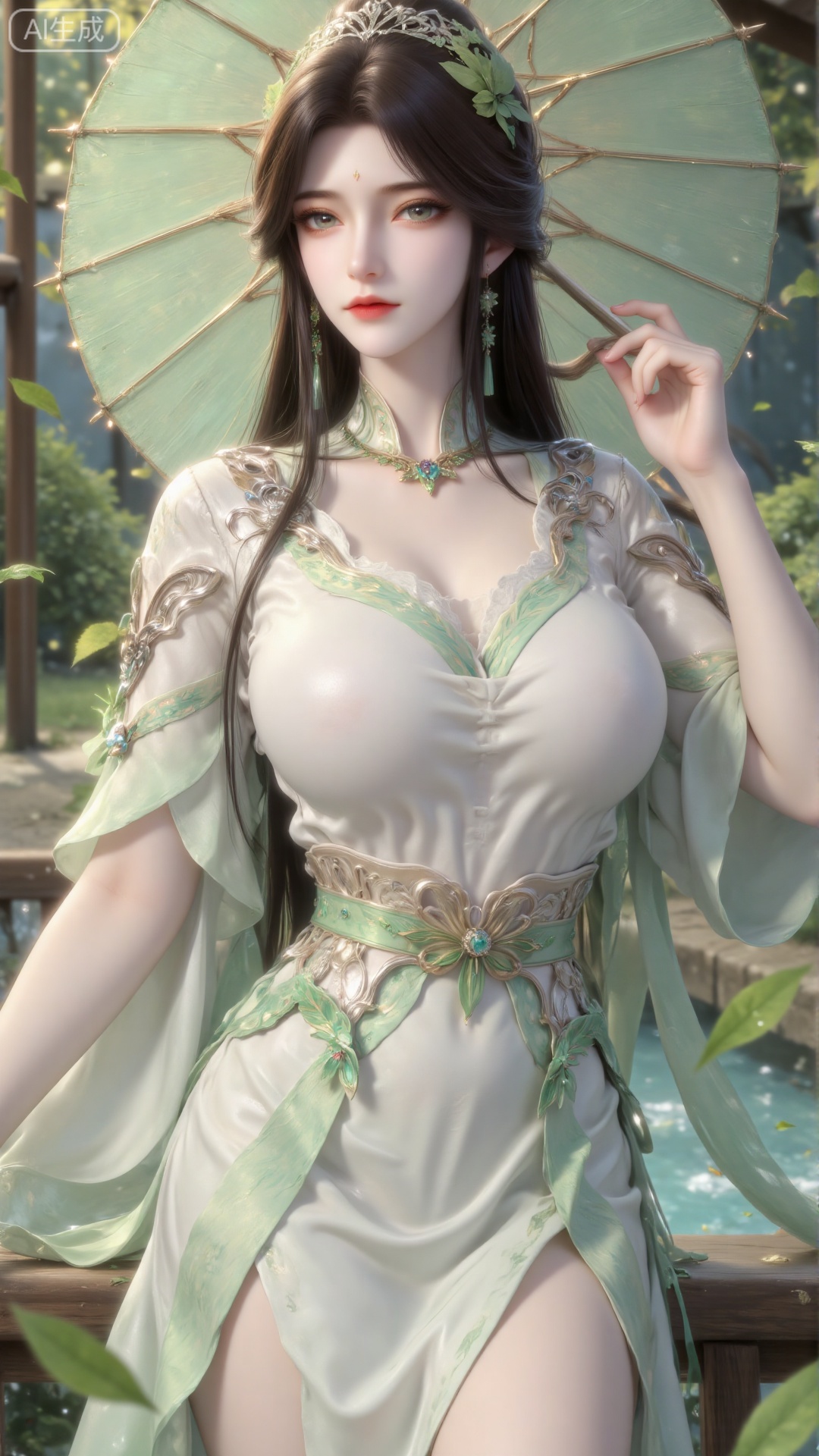 女孩,雨天,holding umbrella,wet dress,hime cut,bare legs,白绿色裙子,green ribbon,green nails,