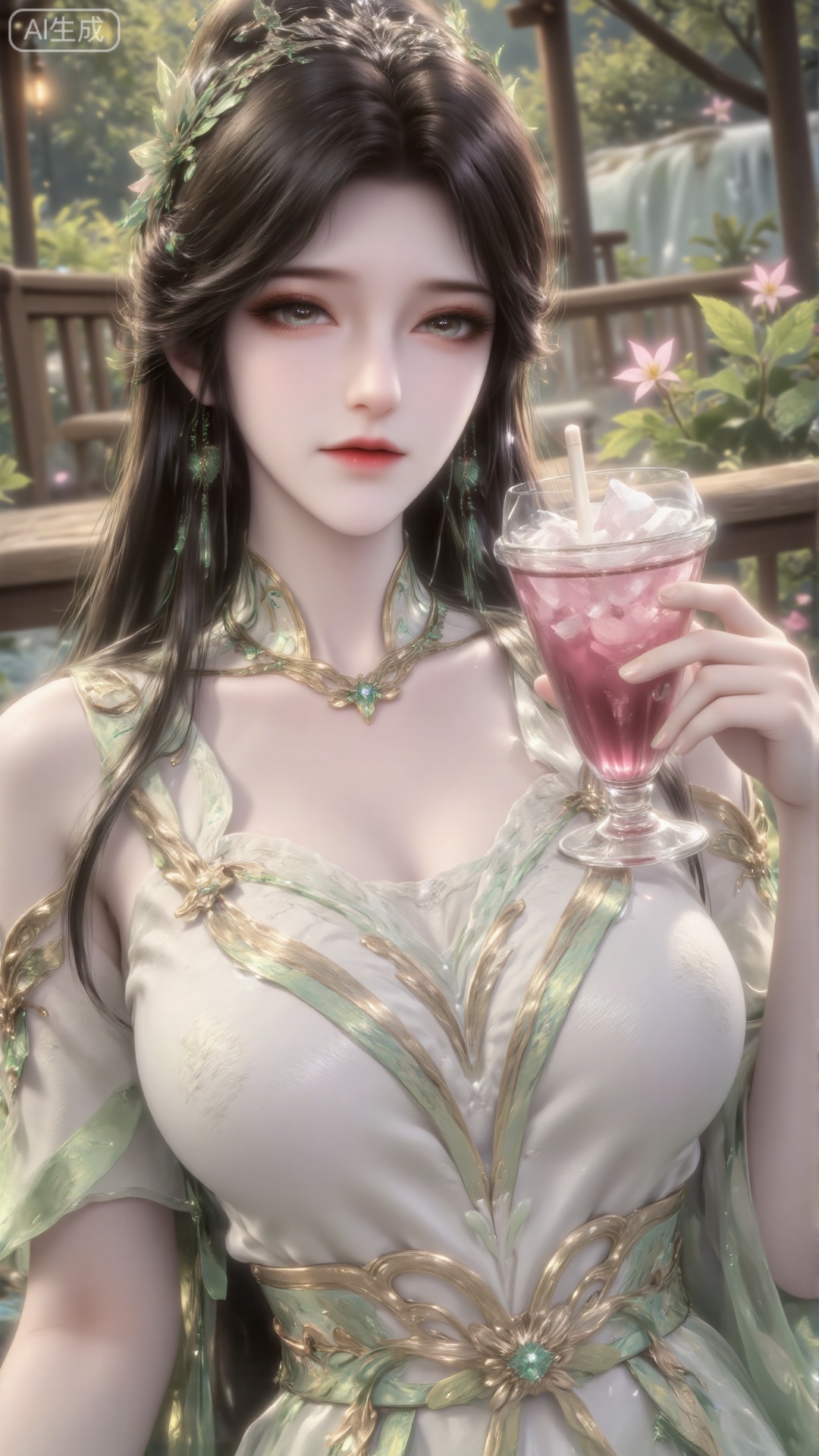 A stylish young woman sits comfortably on a sunny park bench, her one hand cradling a tall pearl milk tea cup. Her pose is relaxed, with the transparent lid revealing creamy foam swirling in the vibrant pink syrup. A straw peeks out from the side of the cup, while her leg elegantly wraps around her small ankle, clad in translucent ivory tights.