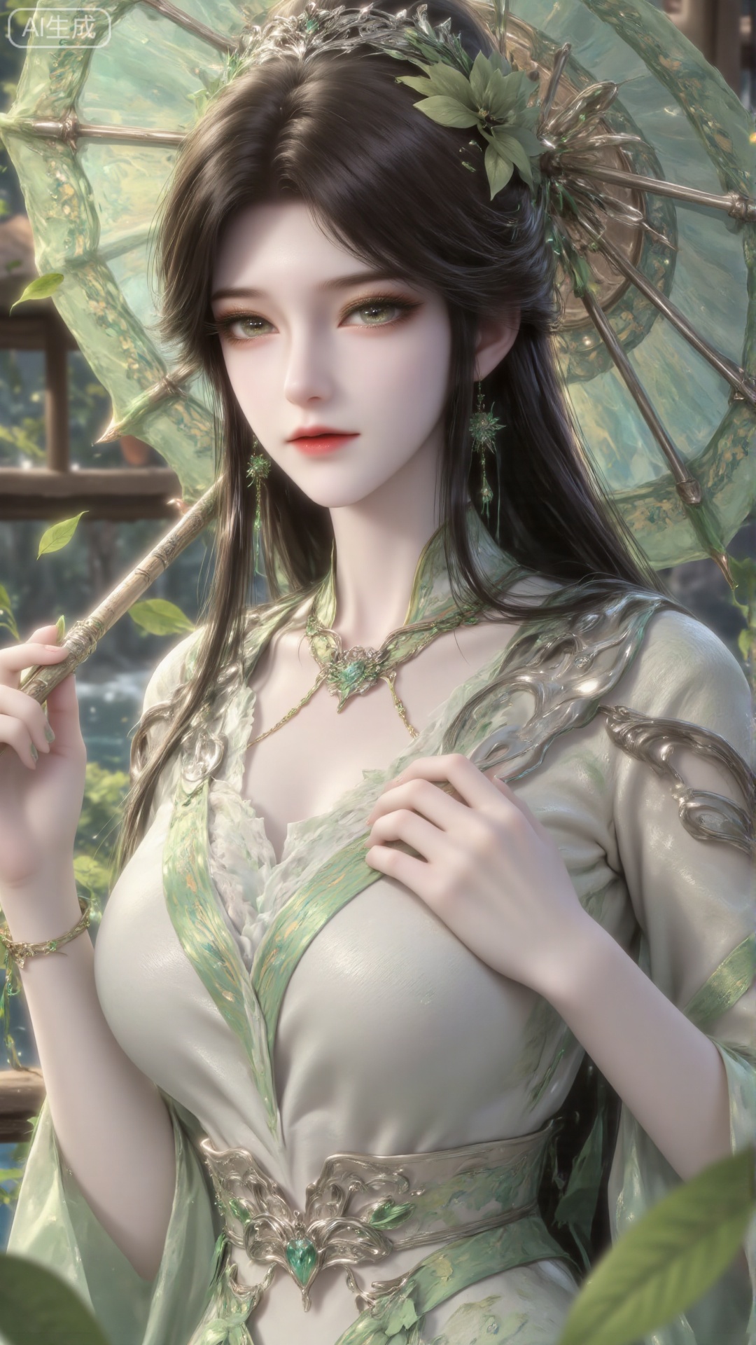 女孩,雨天,holding umbrella,wet dress,hime cut,bare legs,白绿色裙子,green ribbon,green nails,