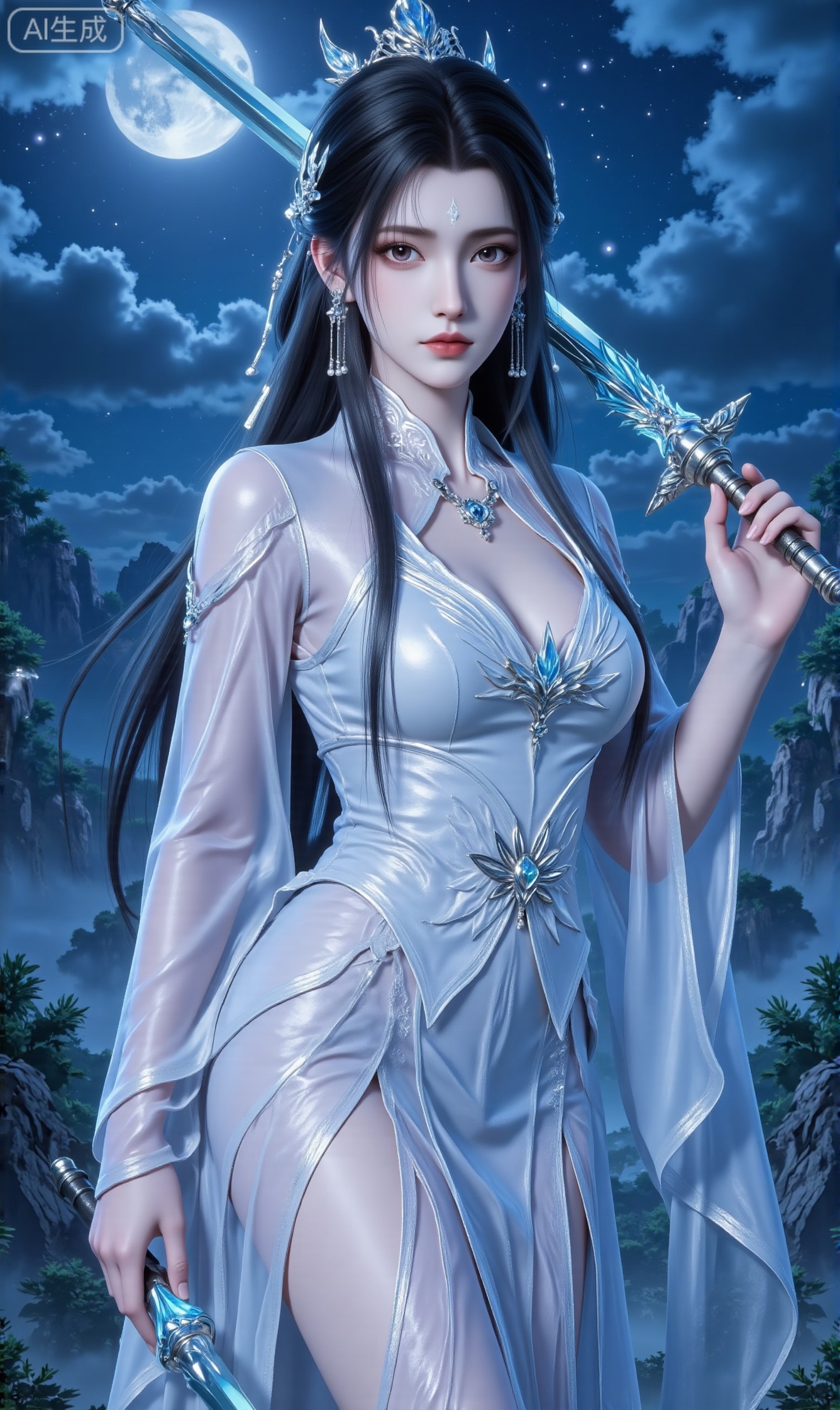 1girl, solo, long hair, looking at viewer, black hair, hair ornament, dress, holding, jewelry, weapon, earrings, sky, sword, cloud, holding weapon, white dress, see-through, clothing cutout, night, holding sword, moon, night sky,LXQQ