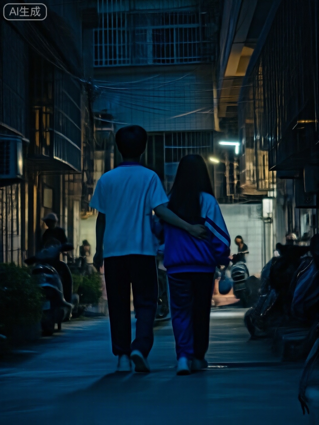 随手拍,采访家庭,城中村,一对穿着高中校服的情侣正在回家的路上,蓝调时刻,女孩稍稍屈腰抱着男孩的手臂,显得很开心的样子,动态