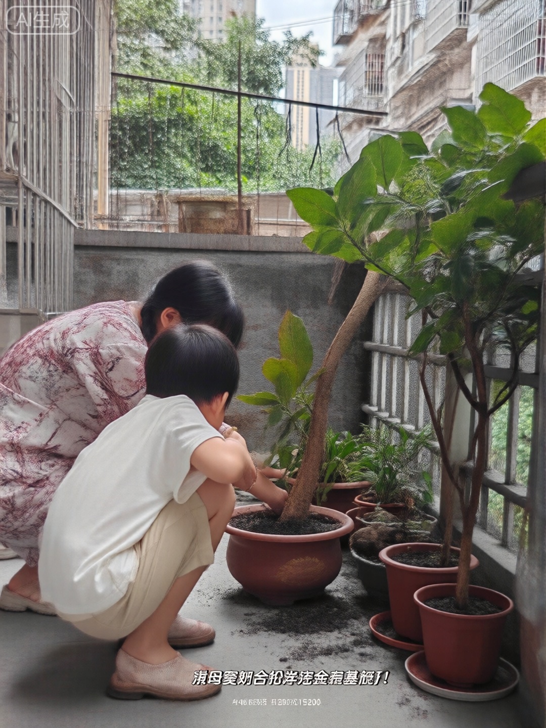 随手拍,采访家庭,城中村,一个小孩蹲在一个盆栽前面,它似乎正在等待种子发芽,她的母亲正在接受我们的采访