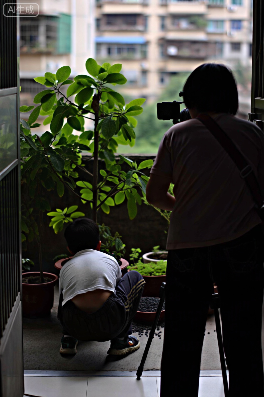 随手拍,采访家庭,城中村,一个小孩蹲在一个盆栽前面,它似乎正在等待种子发芽,她的母亲正在接受我们的采访
