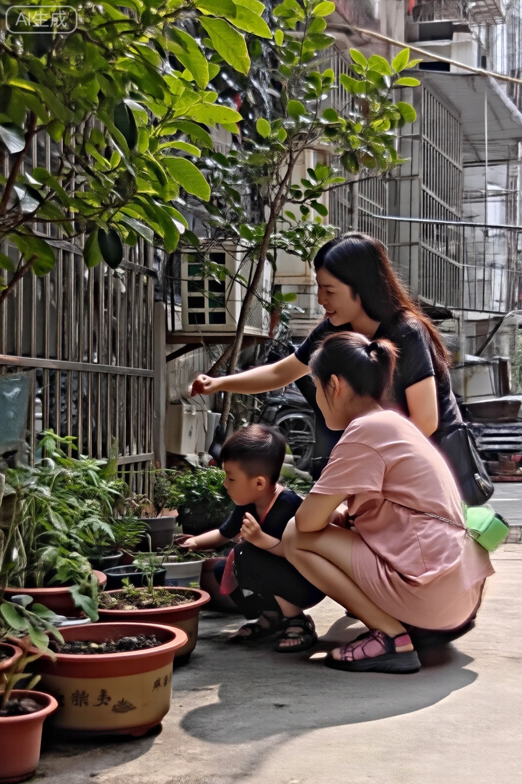 随手拍,采访家庭,城中村,一个小孩蹲在一个盆栽前面,它似乎正在等待种子发芽,她的母亲正在接受我们的采访