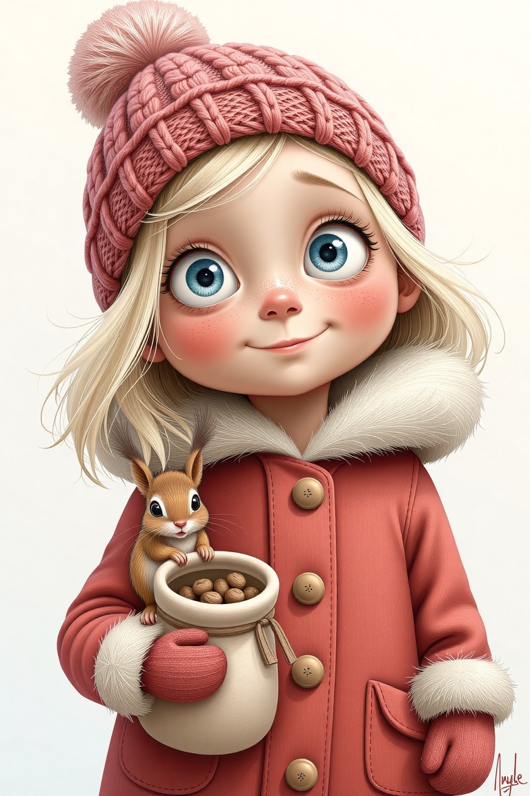 A detailed digital illustration of a sweet little girl with big blue eyes,  wearing a red snowsuit with a fluffy white col...