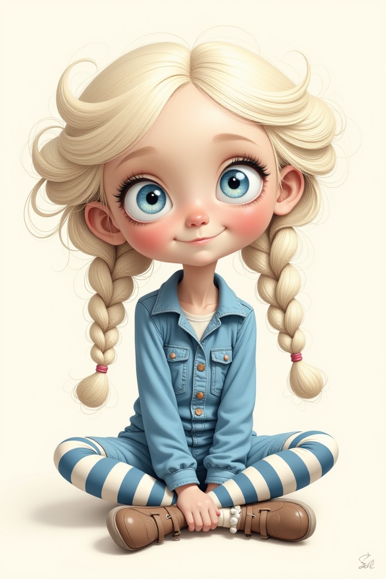A detailed digital illustration of a cute girl with big blue eyes,  wearing a blue jumpsuit,  striped stockings on Tensor.Art