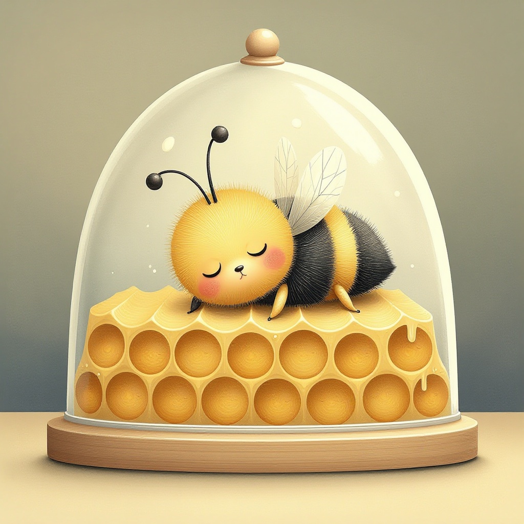 A transparent beehive with honeycombs inside. A fluffy,  cute bee is sleeping in each cell. Sleepy eyes,  cute on Tensor.Art