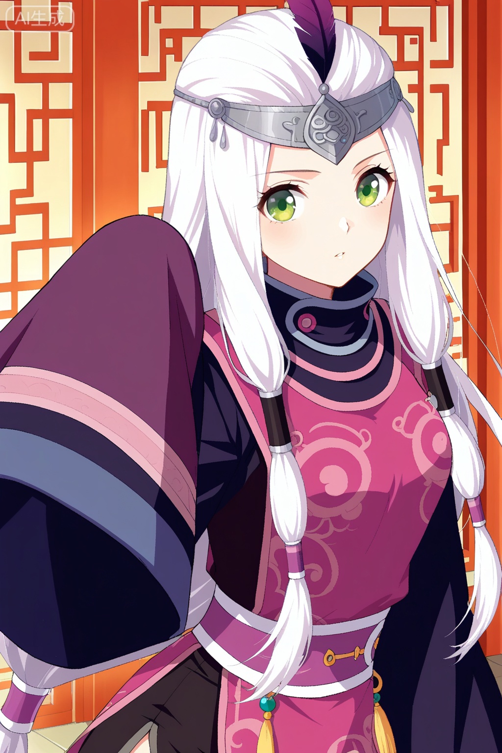 
Random scene,Random scene,
upper body,looking at viewer,
小医仙,masterpiece,best quality,official art,extremely detailed CG unity 8k wallpaper,1girl, solo, green eyes, hair tubes, sidelocks, very long hairchinese clothes, robe, long sleeves, wide sleeves, circlet,forehead protector, feathers, sleeves past fingers, black shorts, white hair,