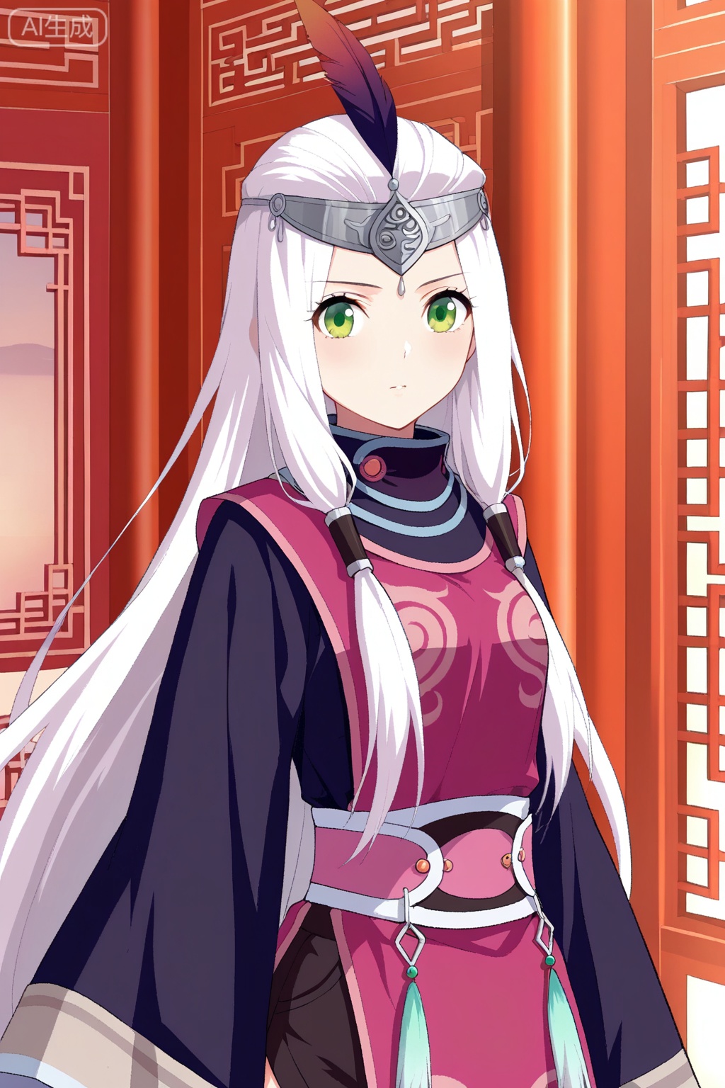 
Random scene,Random scene,
upper body,looking at viewer,
小医仙,masterpiece,best quality,official art,extremely detailed CG unity 8k wallpaper,1girl, solo, green eyes, hair tubes, sidelocks, very long hairchinese clothes, robe, long sleeves, wide sleeves, circlet,forehead protector, feathers, sleeves past fingers, black shorts, white hair,