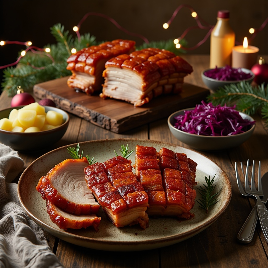 Photorealistic,  cinematic-style,  horizontal photograph of Juleribbe (traditional Norwegian Christmas pork belly ribs) cu...