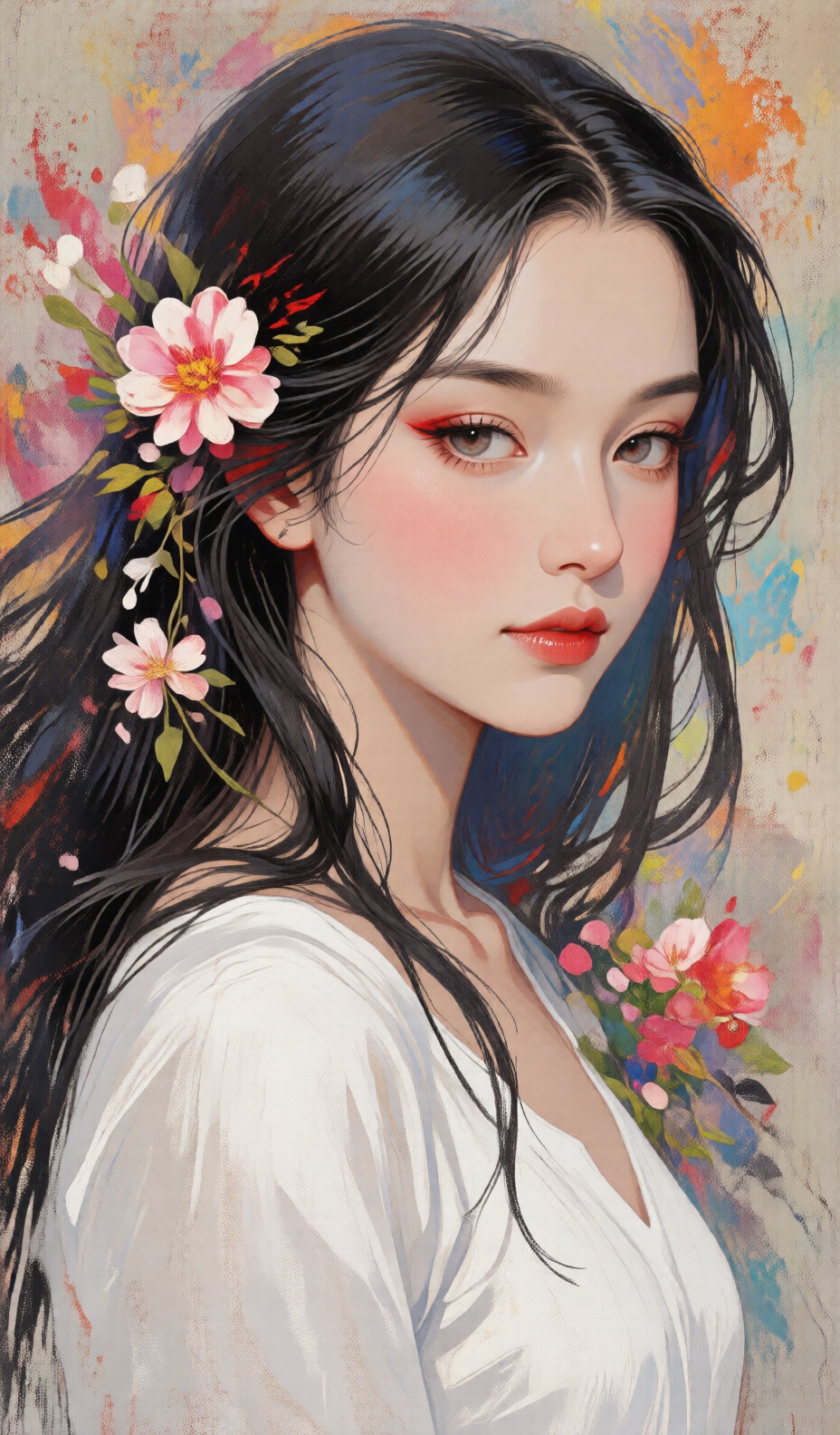 Igor风格插画,  美女,  画中女孩一头乌黑长发 on Tensor.Art