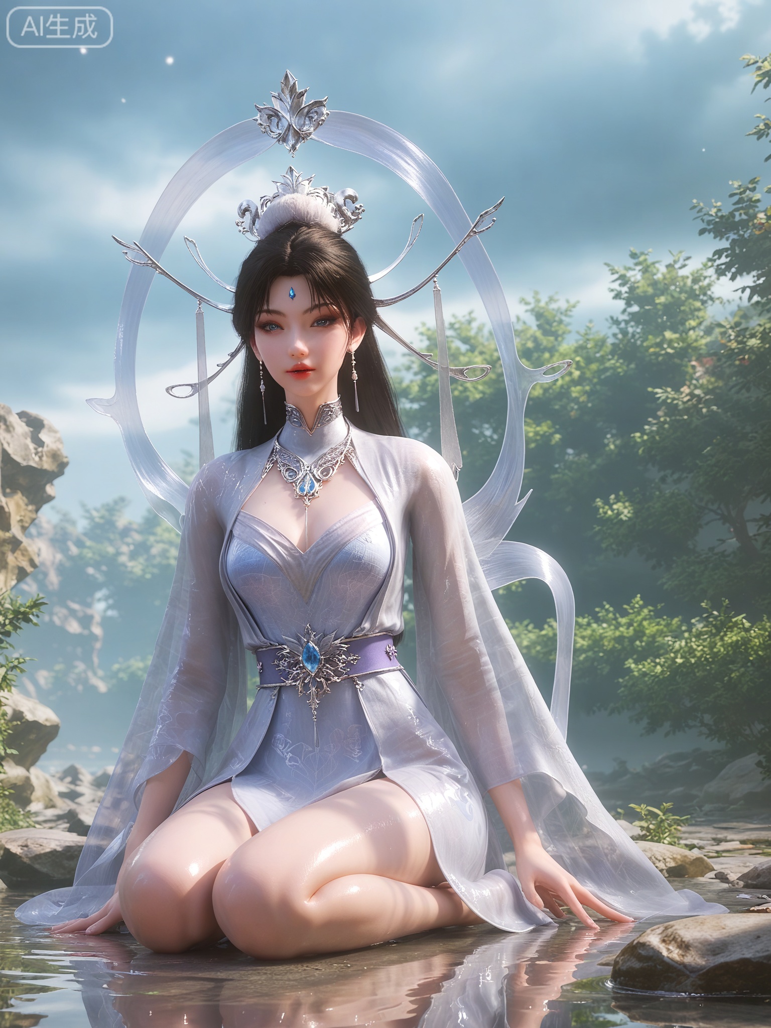 score_9,score_8_up,score_7_up,1girl,solo.looking_at_viewer,realistic,photorealistic,1girl,solo,Vivid Colors,bright environment,shiny skin,shiny hairjewelry,detail eyes,Eyes highlights,extreme detail description,(full body:1),light,glowing,sunshine,bright,reflection,bright,sunshine on face,shiny,shinny,petite,thin,leg slimming,lose weight,slim hips,lakeside,delicate water,reflection,sitting_down,eyelashes,chinese_clothes,