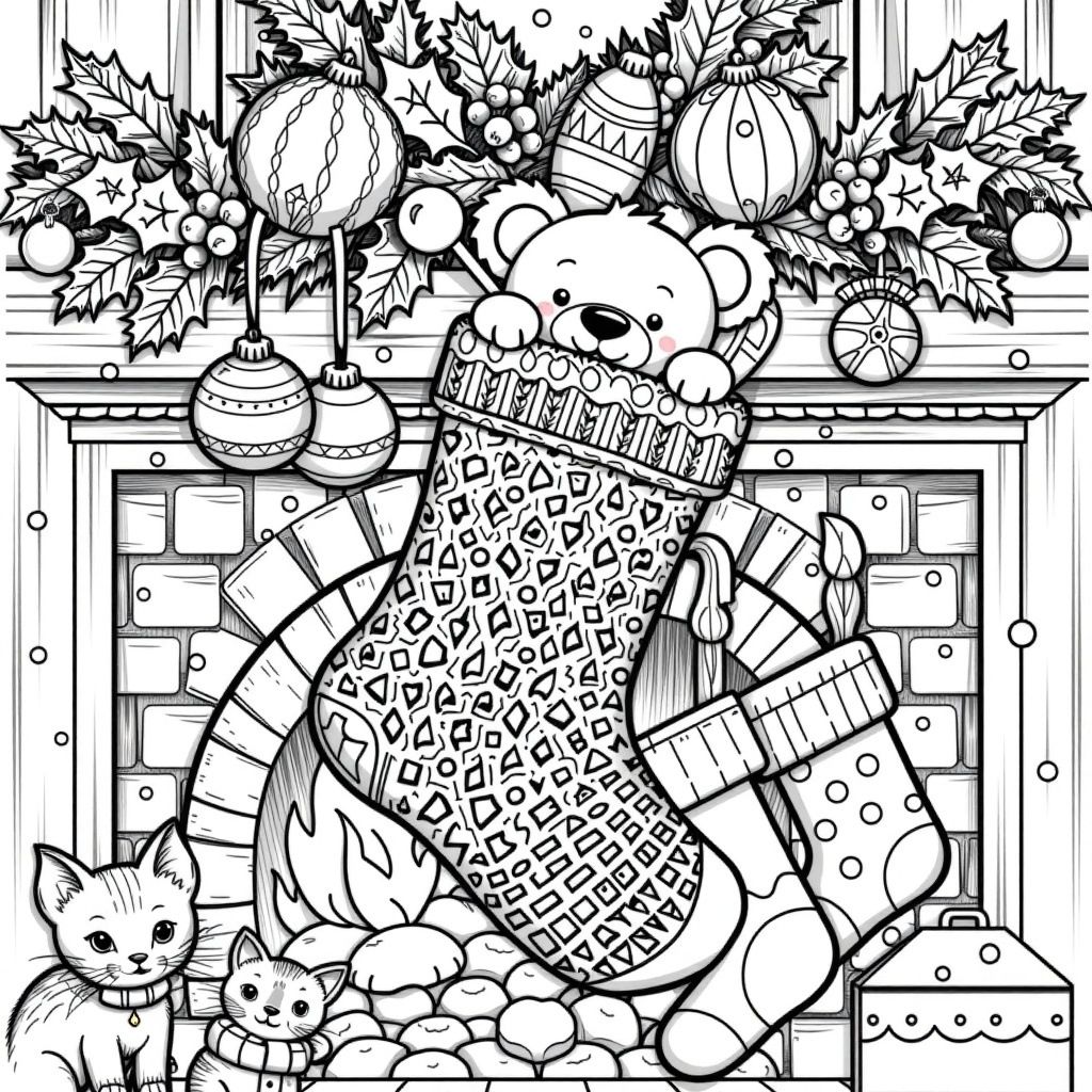 A detailed black and white line art illustration for a coloring page,  depicting a classic knitted Christmas stocking hang...