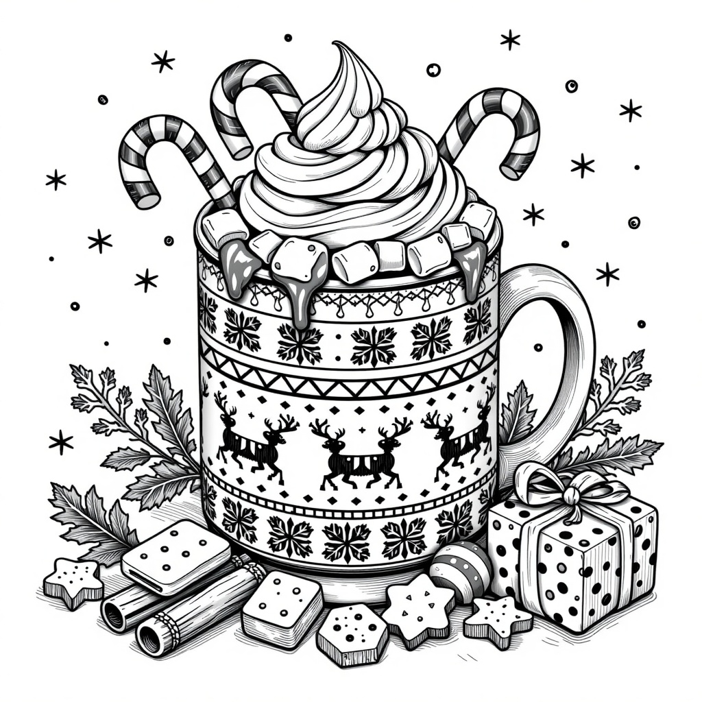 A detailed black and white illustration depicting a festive Christmas theme,  centered on a large mug overflowing with whi...