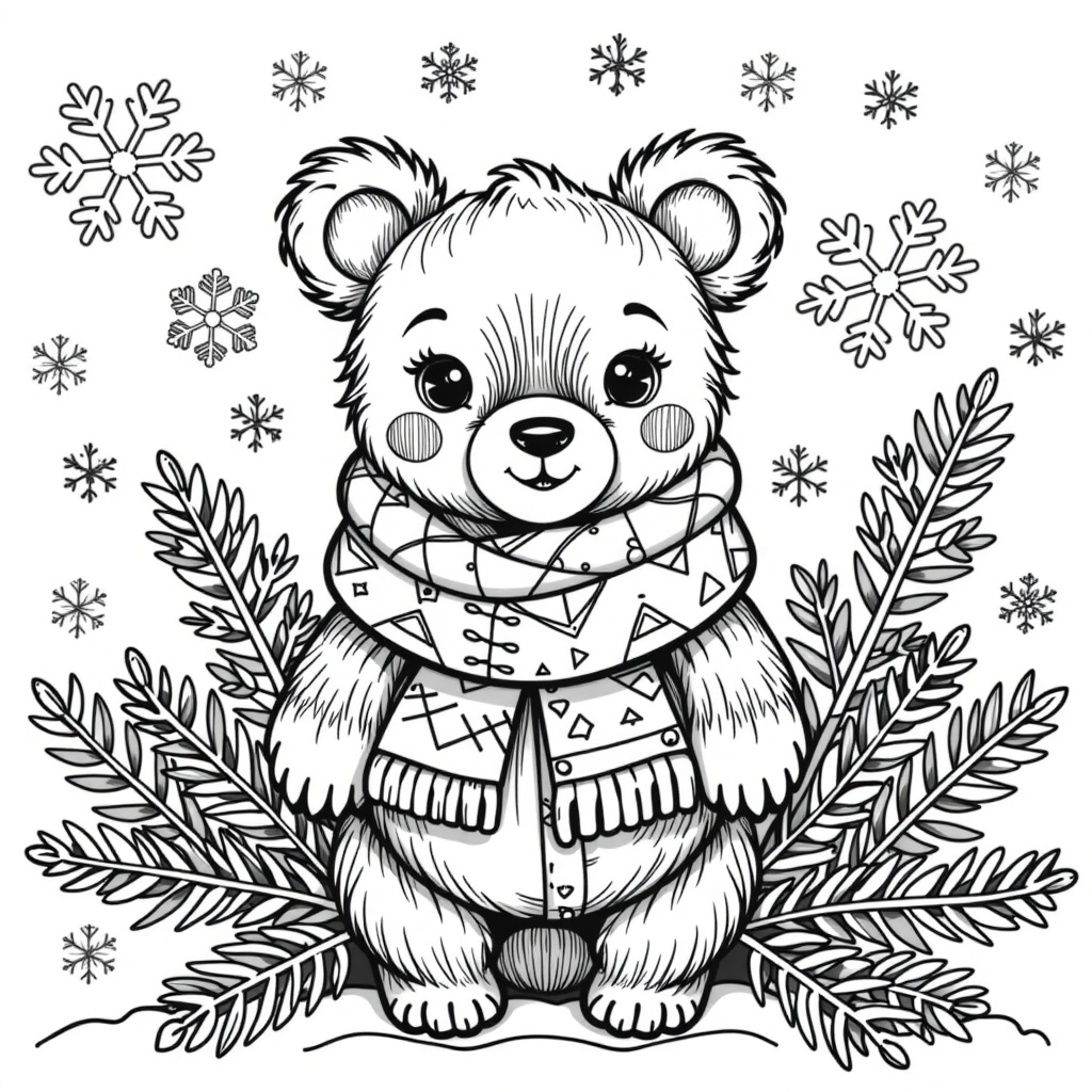 Create a black and white illustration in pencil featuring a cute little bear wearing a scarf. The bear is standing among f...