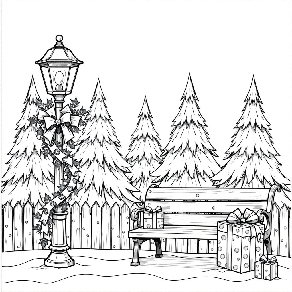 Create a black and white drawing made in pencil,  focusing on an outline style. Include a street lamp adorned with a garla...