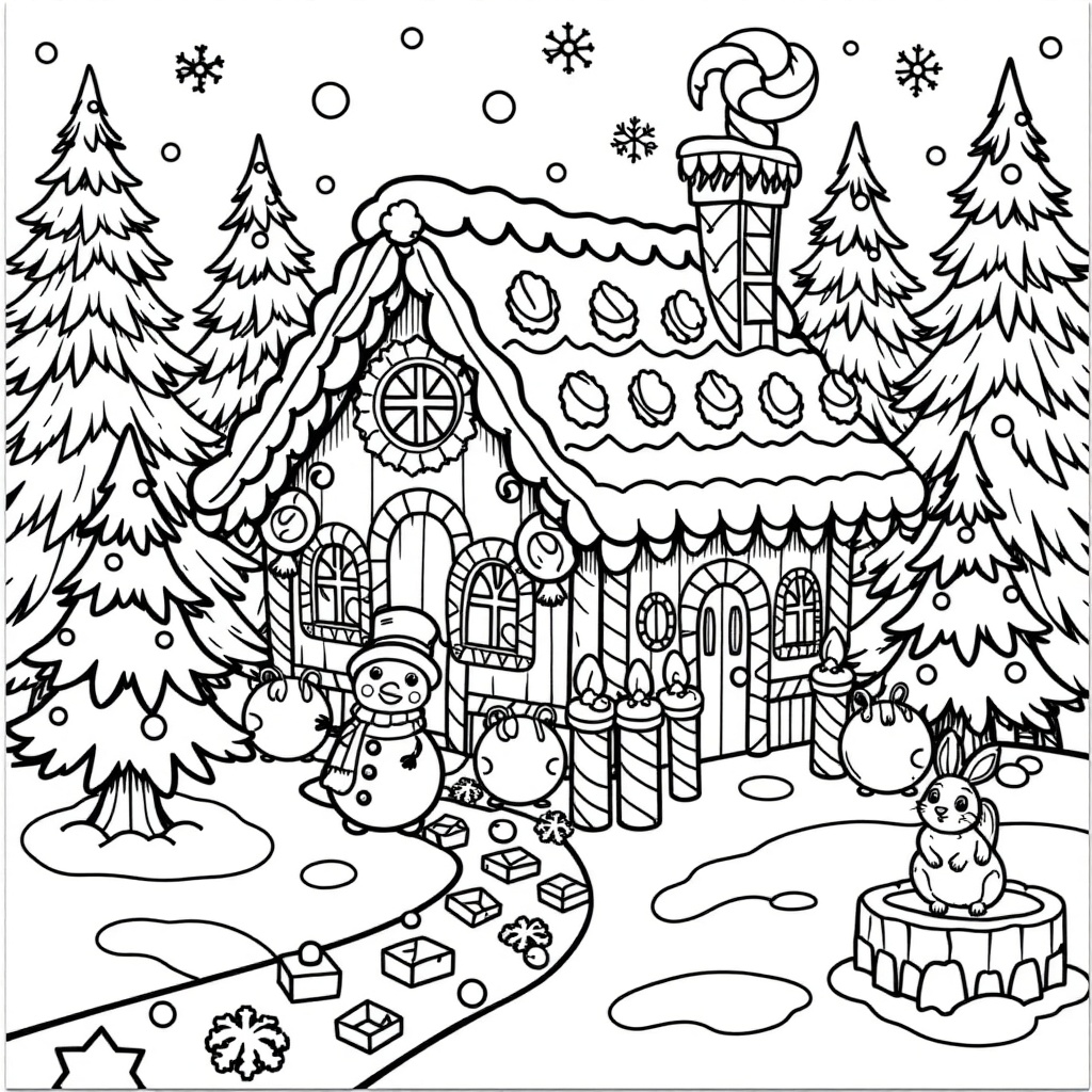 A detailed black and white illustration for a children's coloring activity,  featuring an elaborate gingerbread house in a...